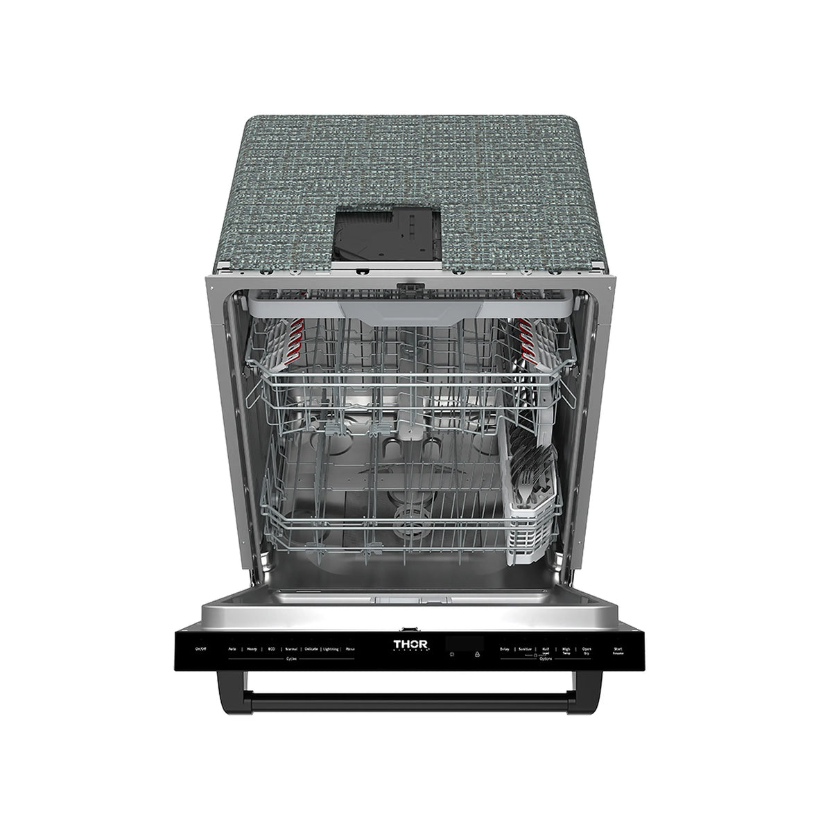 Black Thor dishwasher door open, racks and interior components
