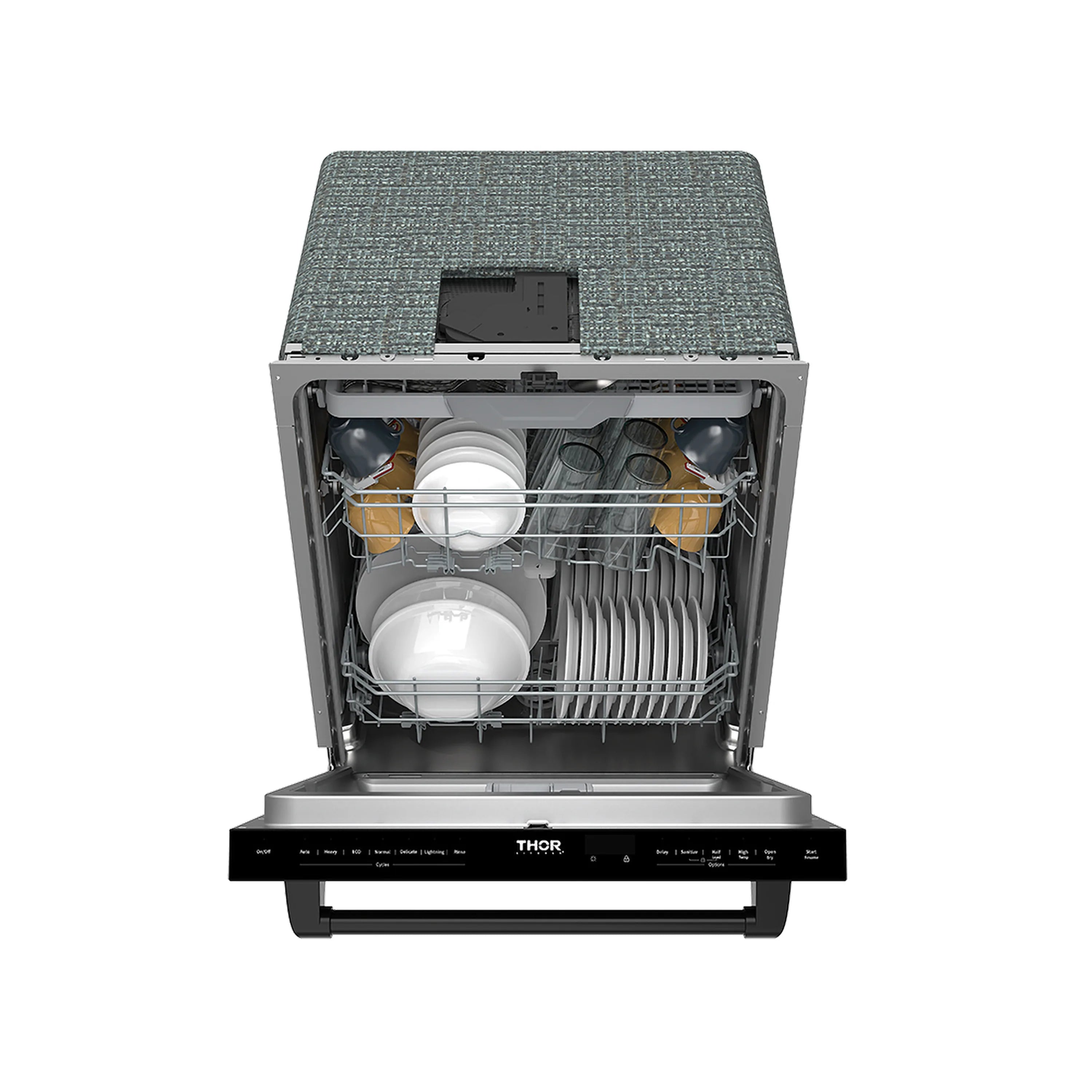 Open black dishwasher with white plates in top and bottom racks.
