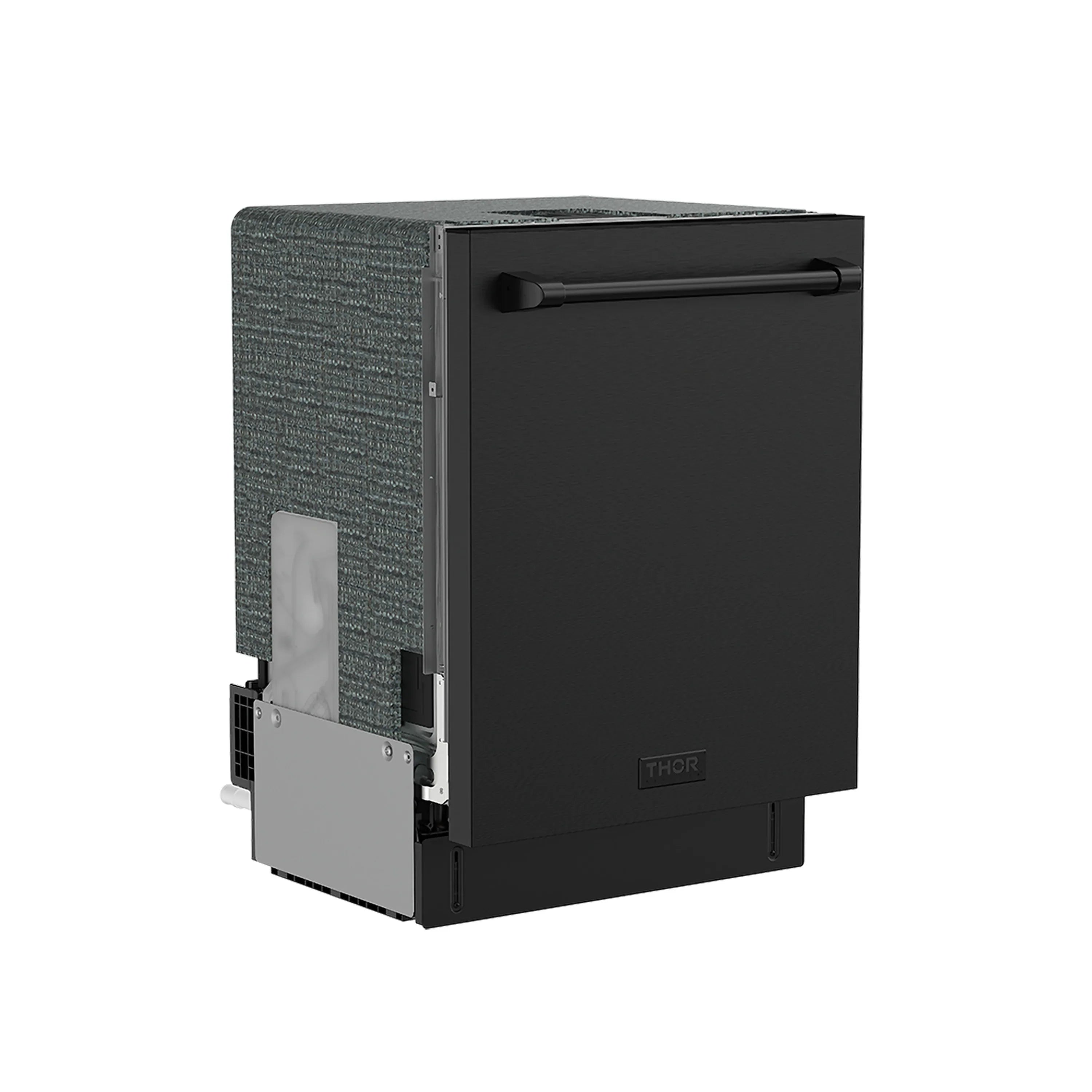 Black dishwasher side view with textured insulation panel and front feet