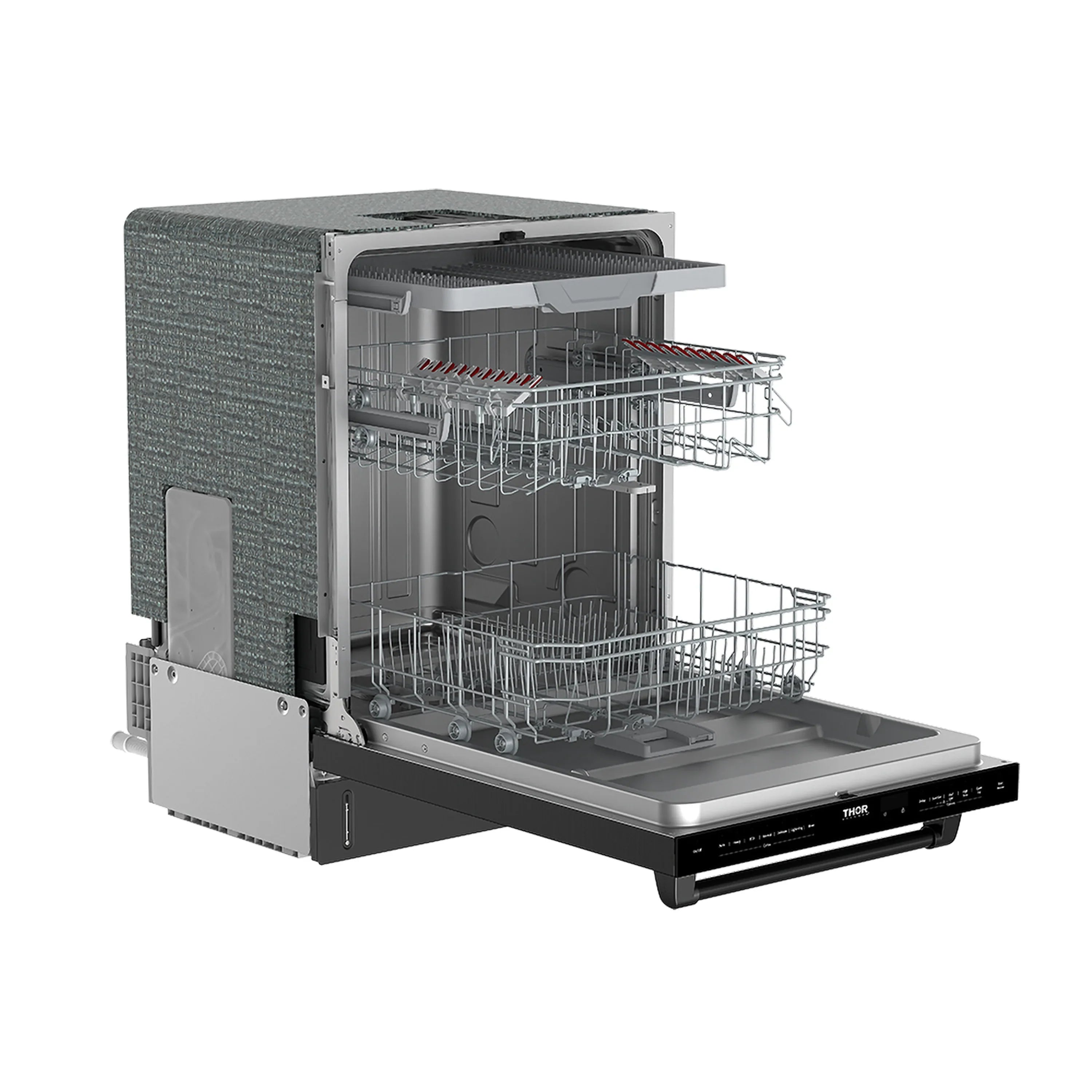 Open-door dishwasher side view with stainless racks and utensil caddy