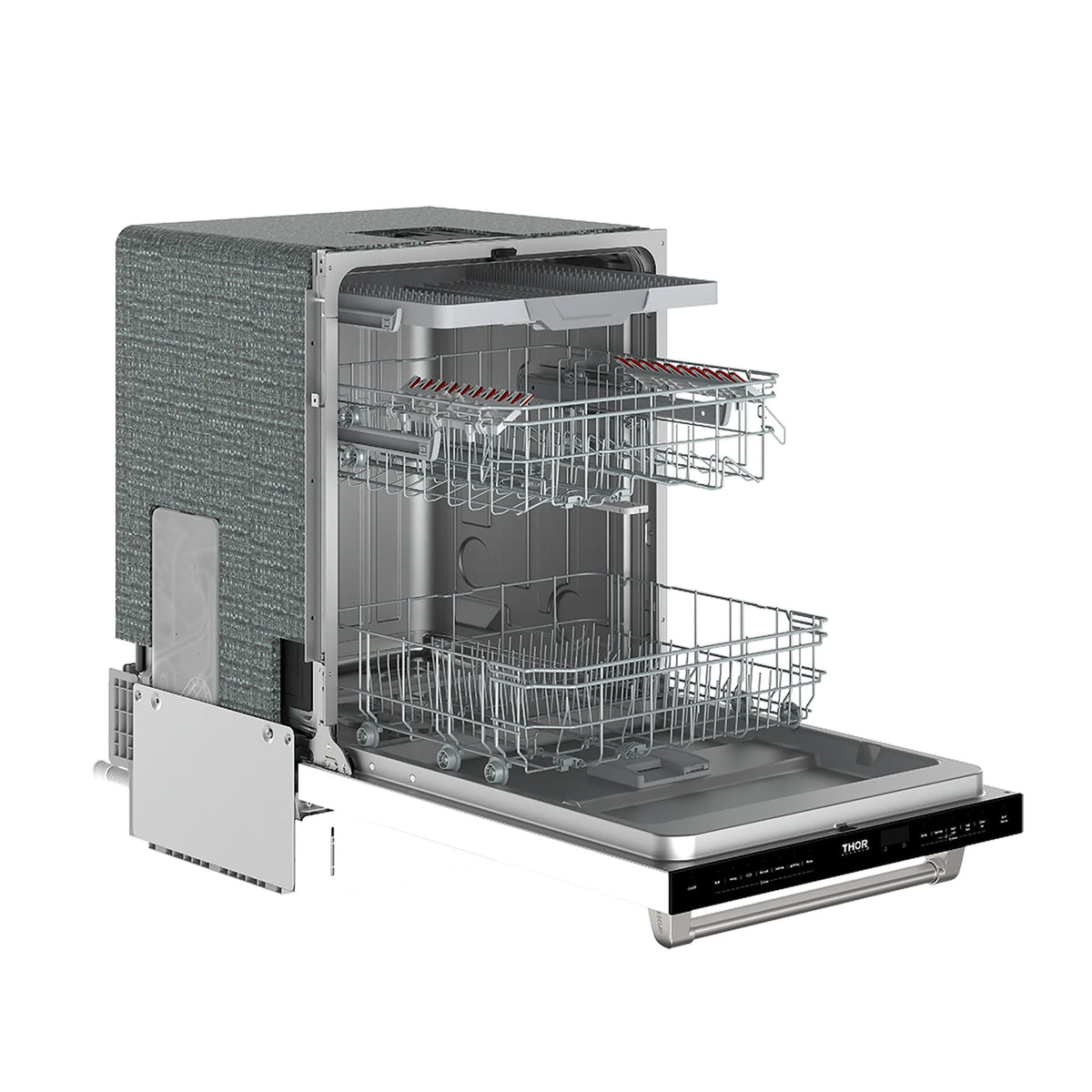 Dishwasher with door open showing silver racks and utensil basket