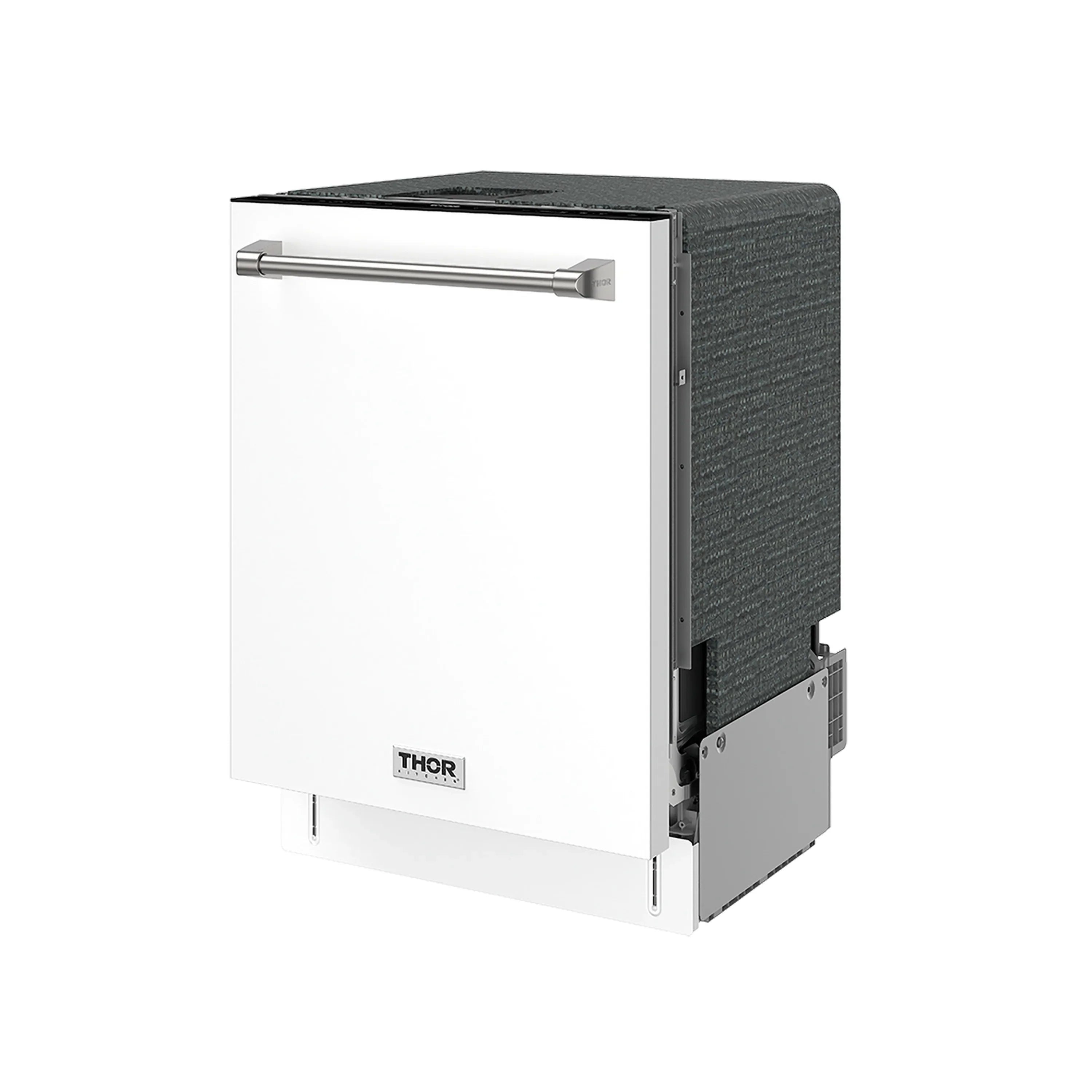 White built-in dishwasher exterior with black countertop control area and side panels