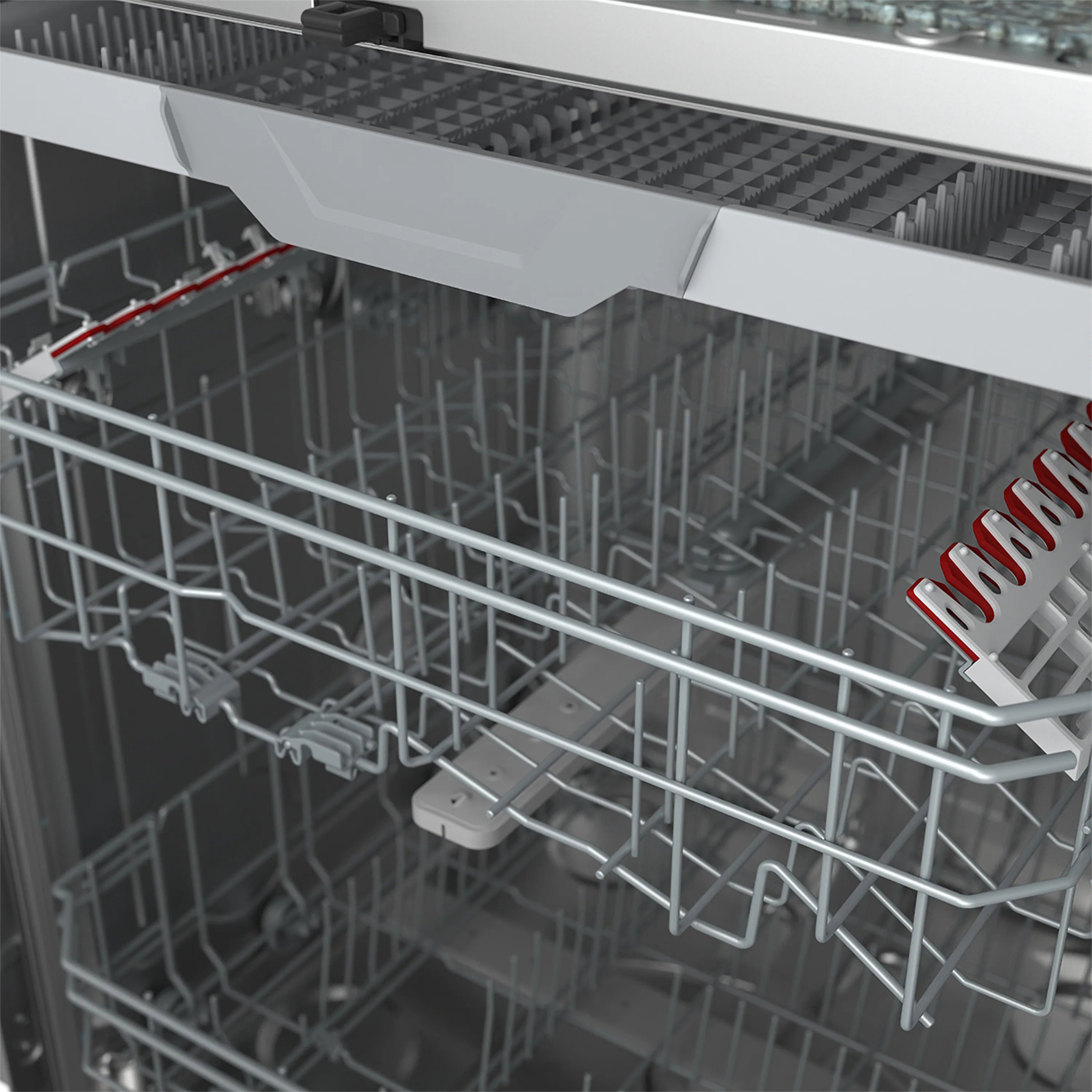 White dishwasher interior with metal racks and lower spray area