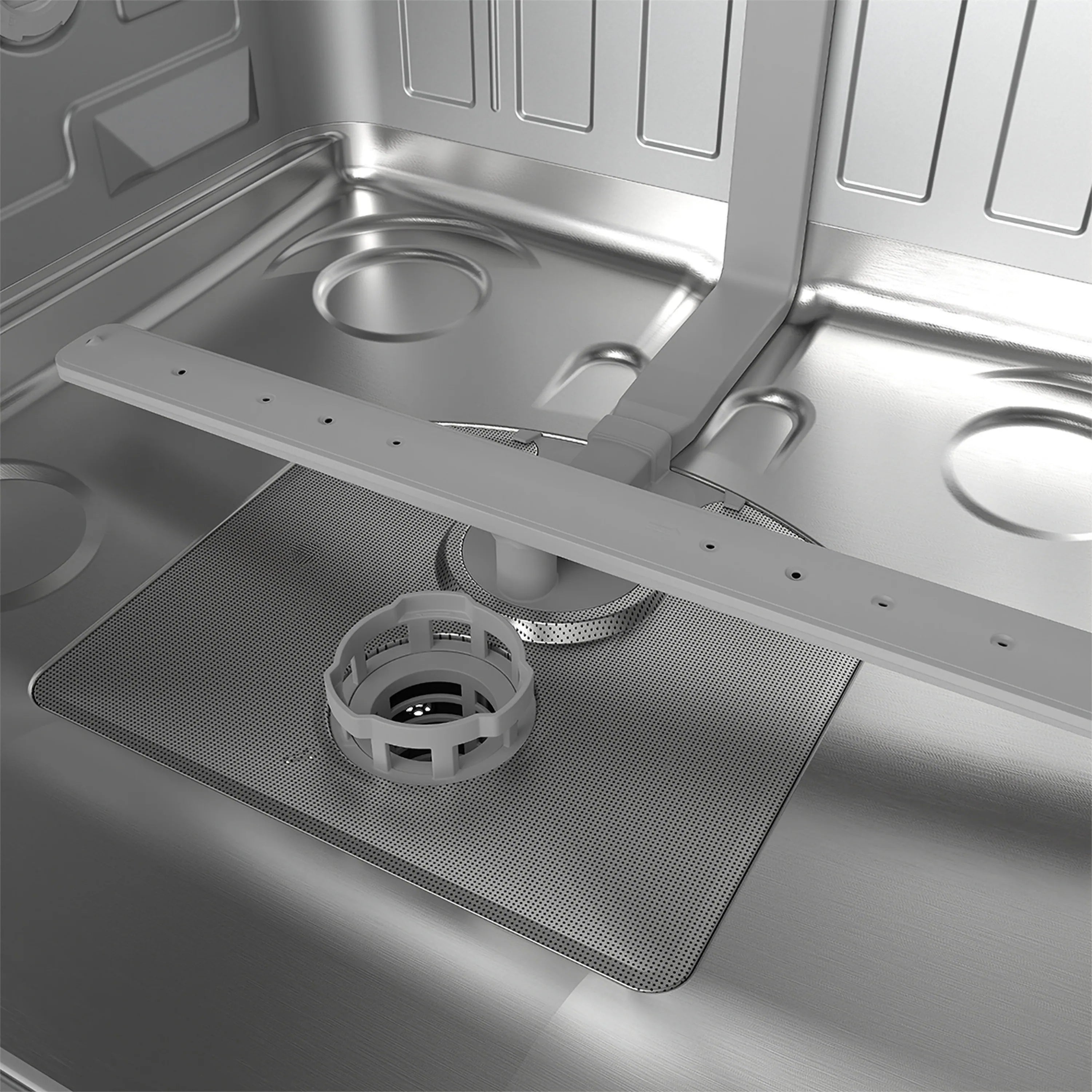 White dishwasher bottom filter tray with spray area and circular drain cover