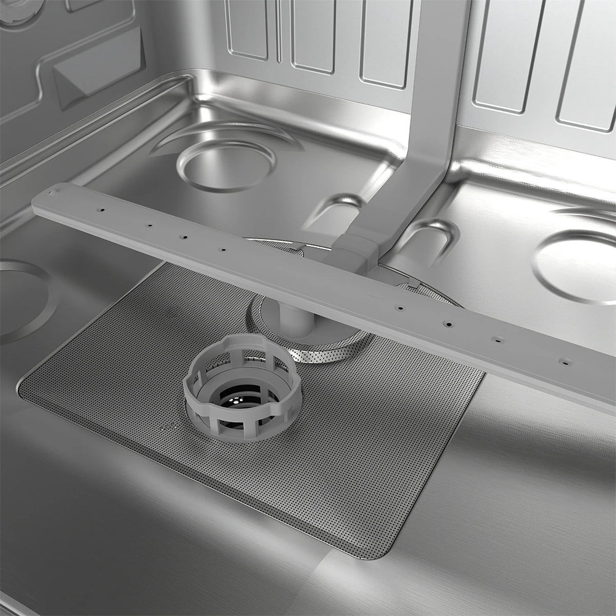 Dishwasher base with circular filter and drain area inside the wash tub
