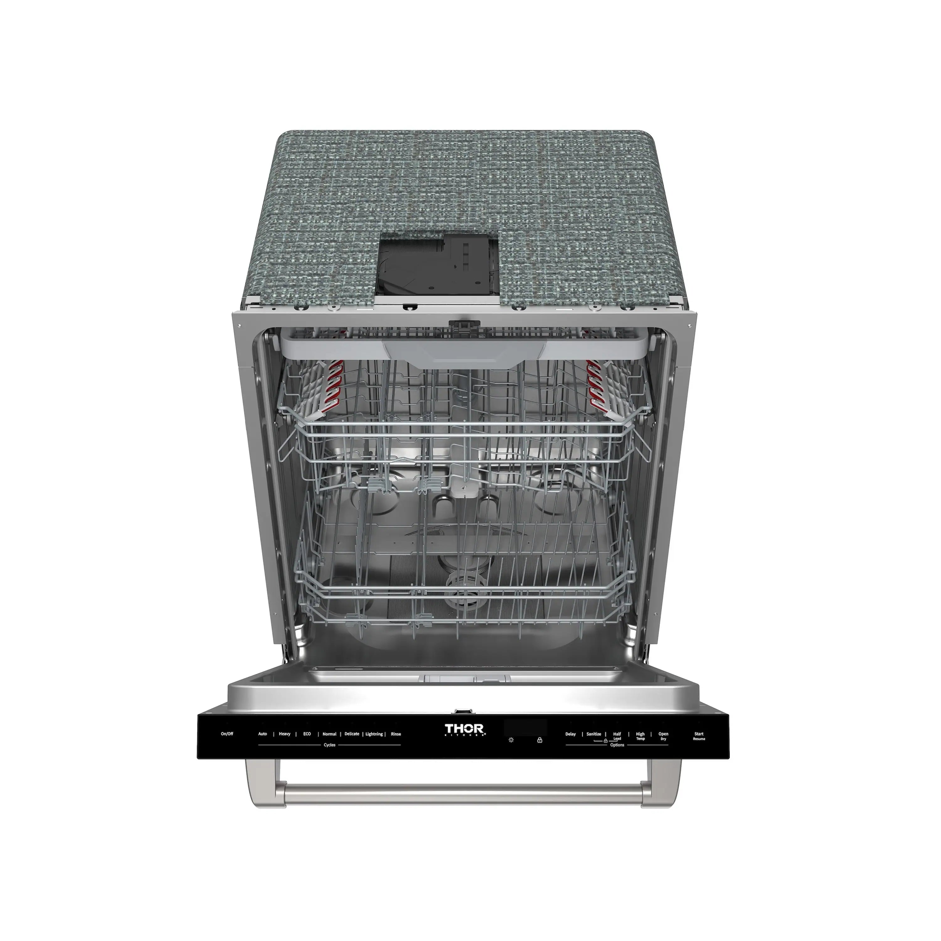 Stainless steel 24-inch dishwasher with open door and interior racks
