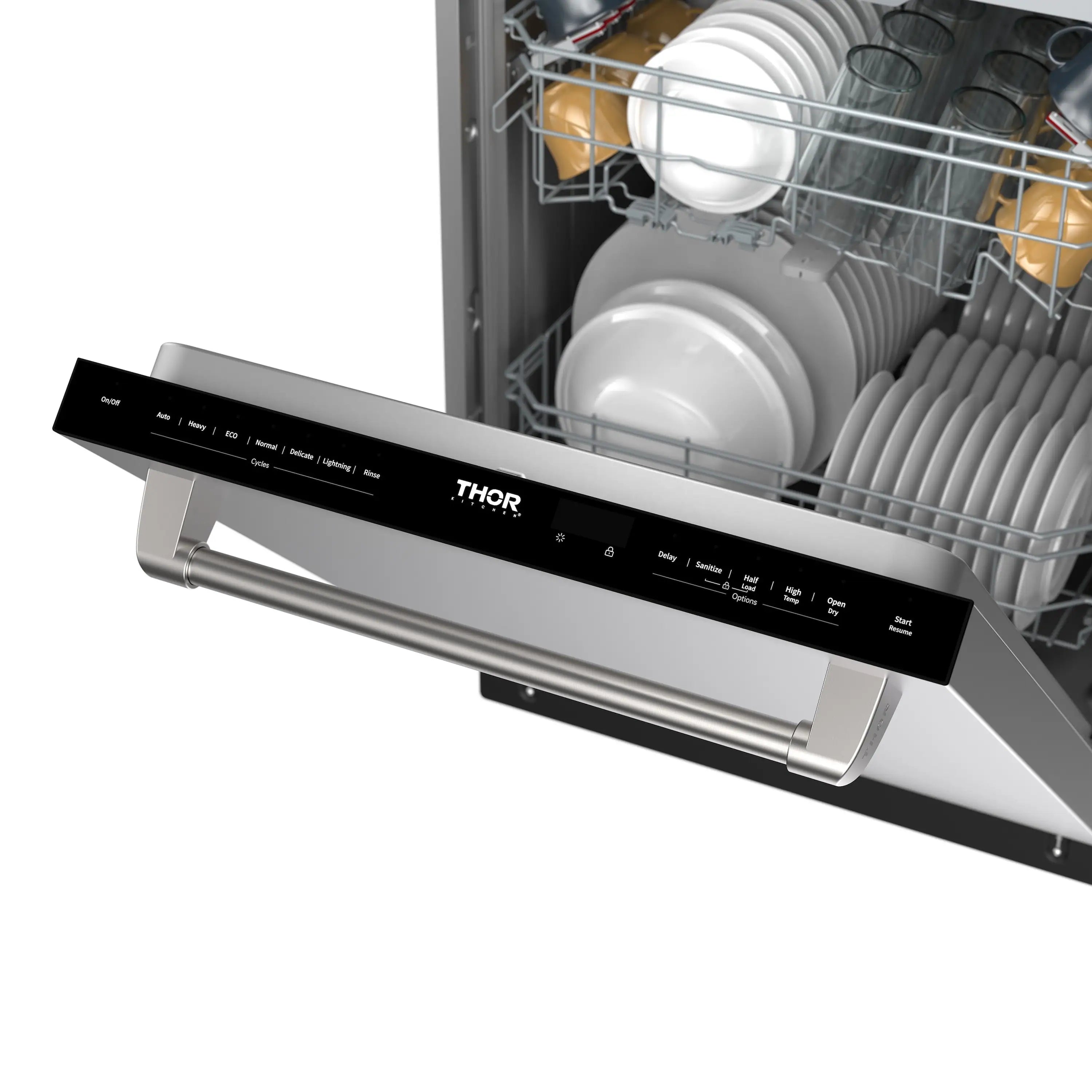 Stainless steel dishwasher with open door, visible control panel and handle