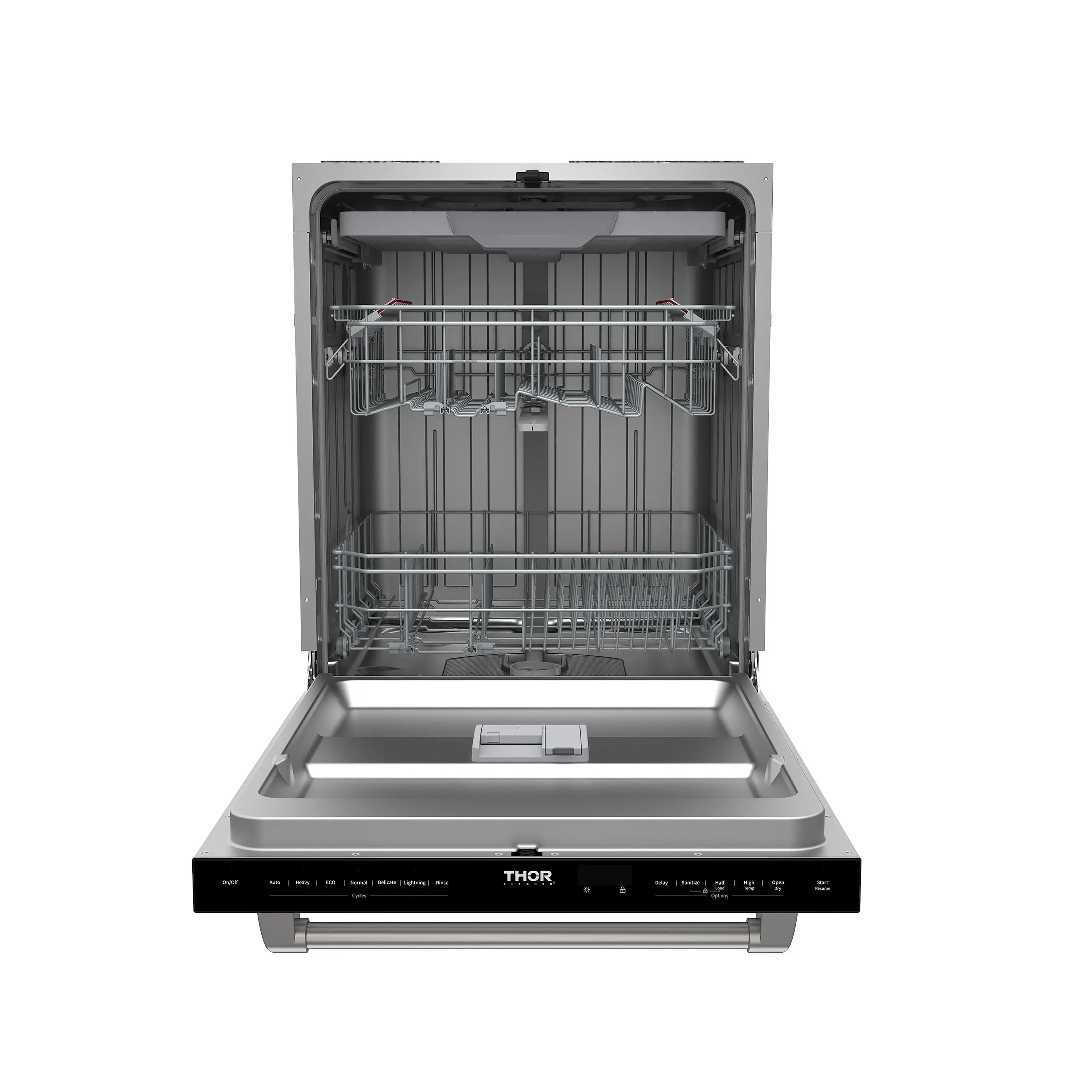 Open stainless steel dishwasher with wire racks and dish tray rails