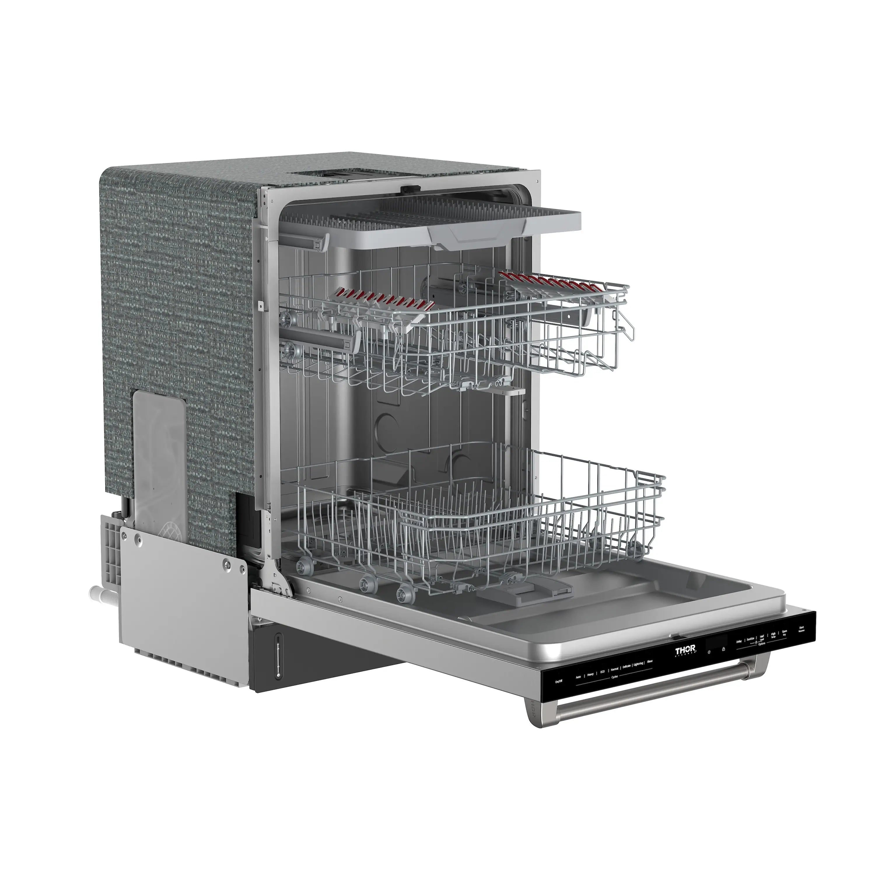 Dishwasher open at angle showing upper and lower wire racks