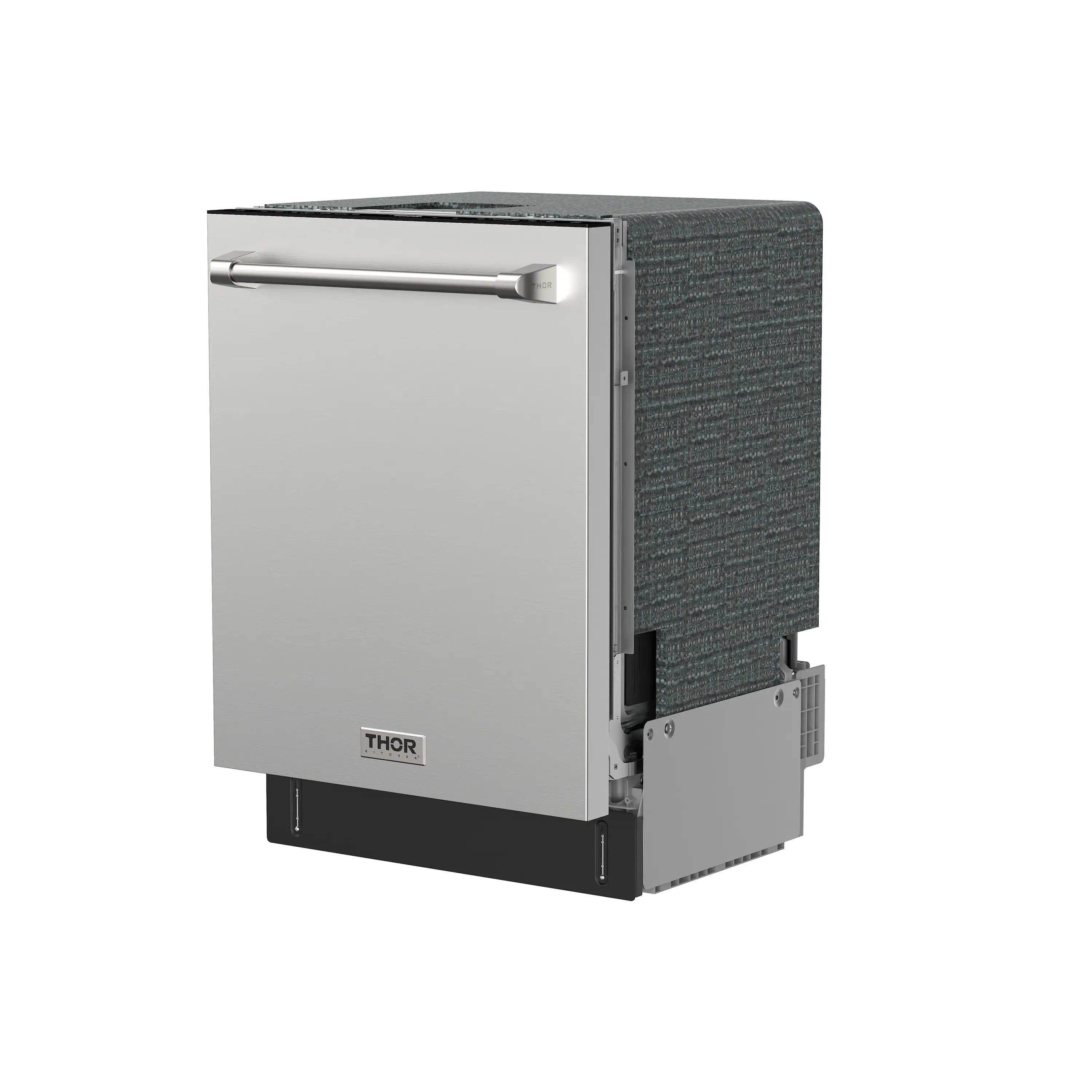 Stainless steel dishwasher side view with front handle and THOR badge