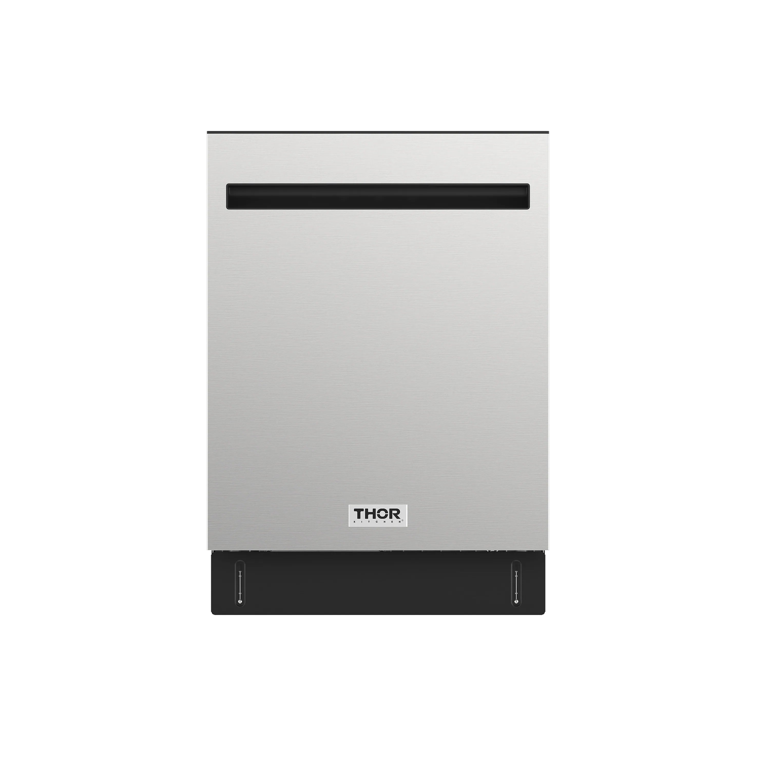 Built-in dishwasher front view with pocket handle and black base panel
