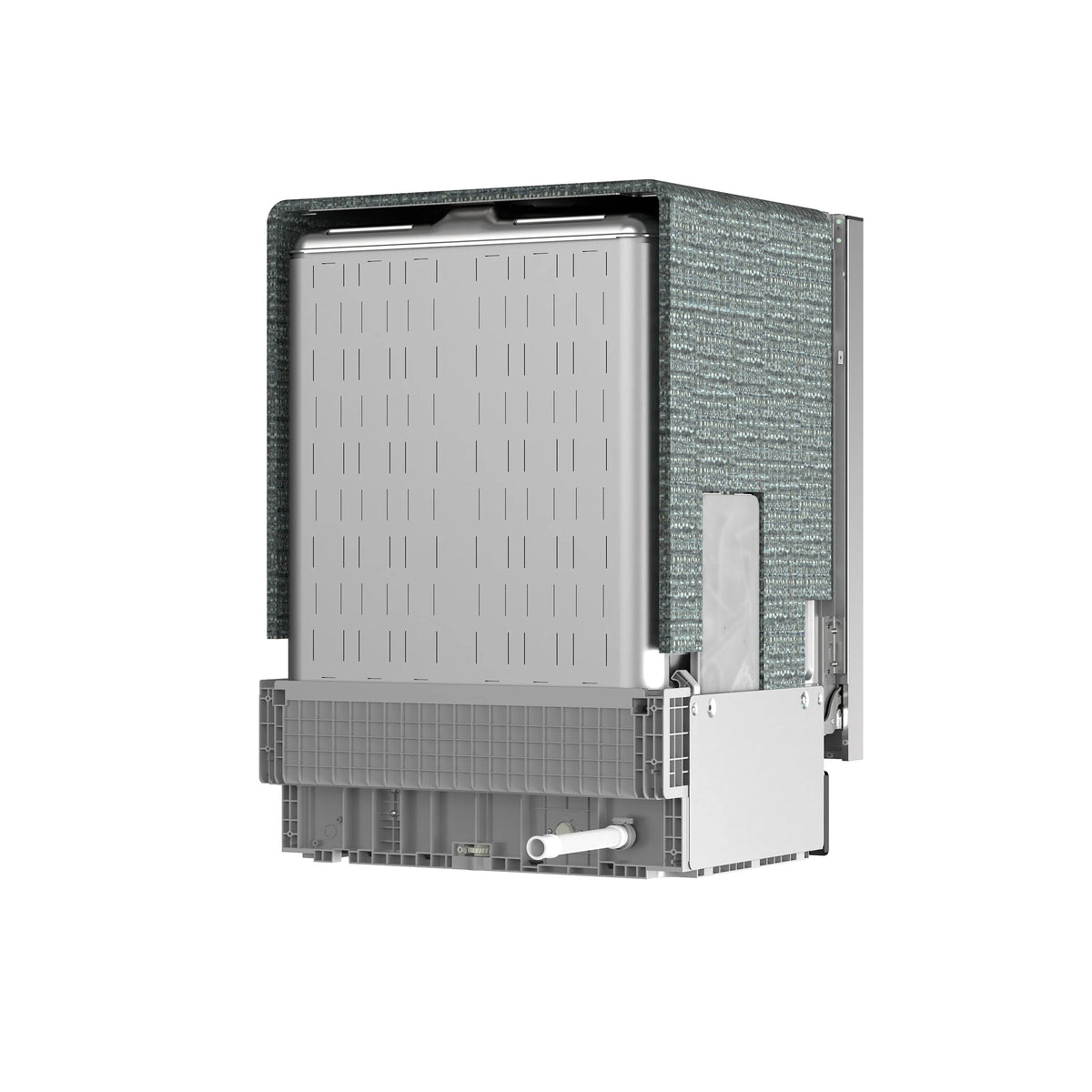Built-in dishwasher with partially open door, side access and interior rack visible