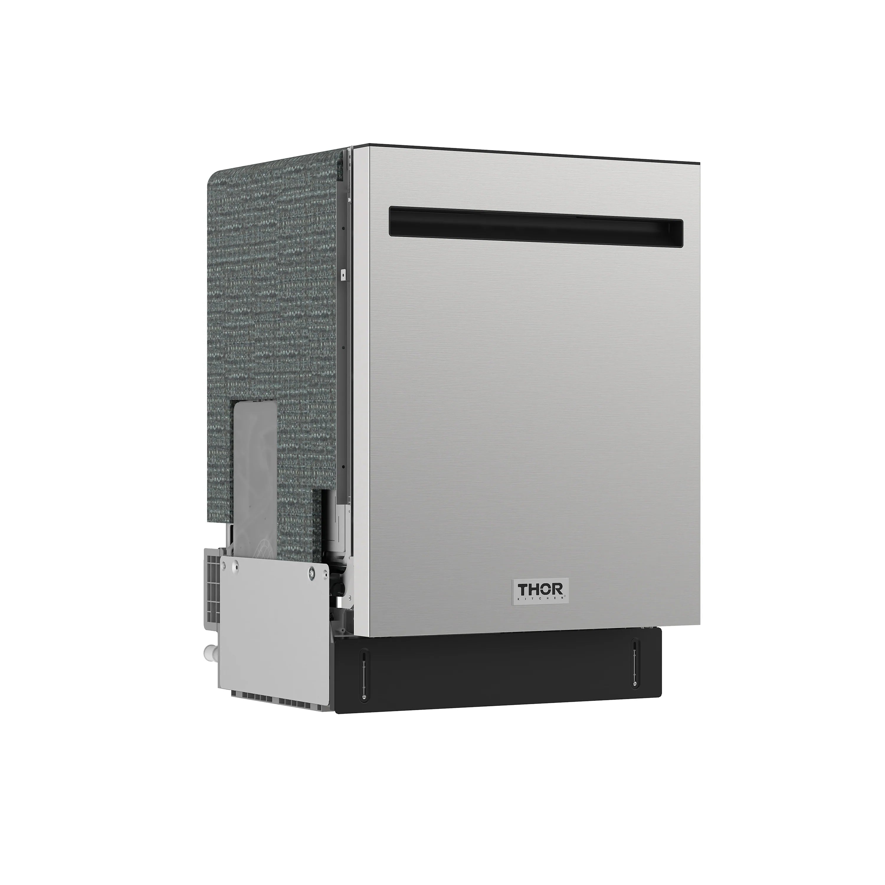 Built-in dishwasher exterior in stainless, pocket handle on front with black bottom trim