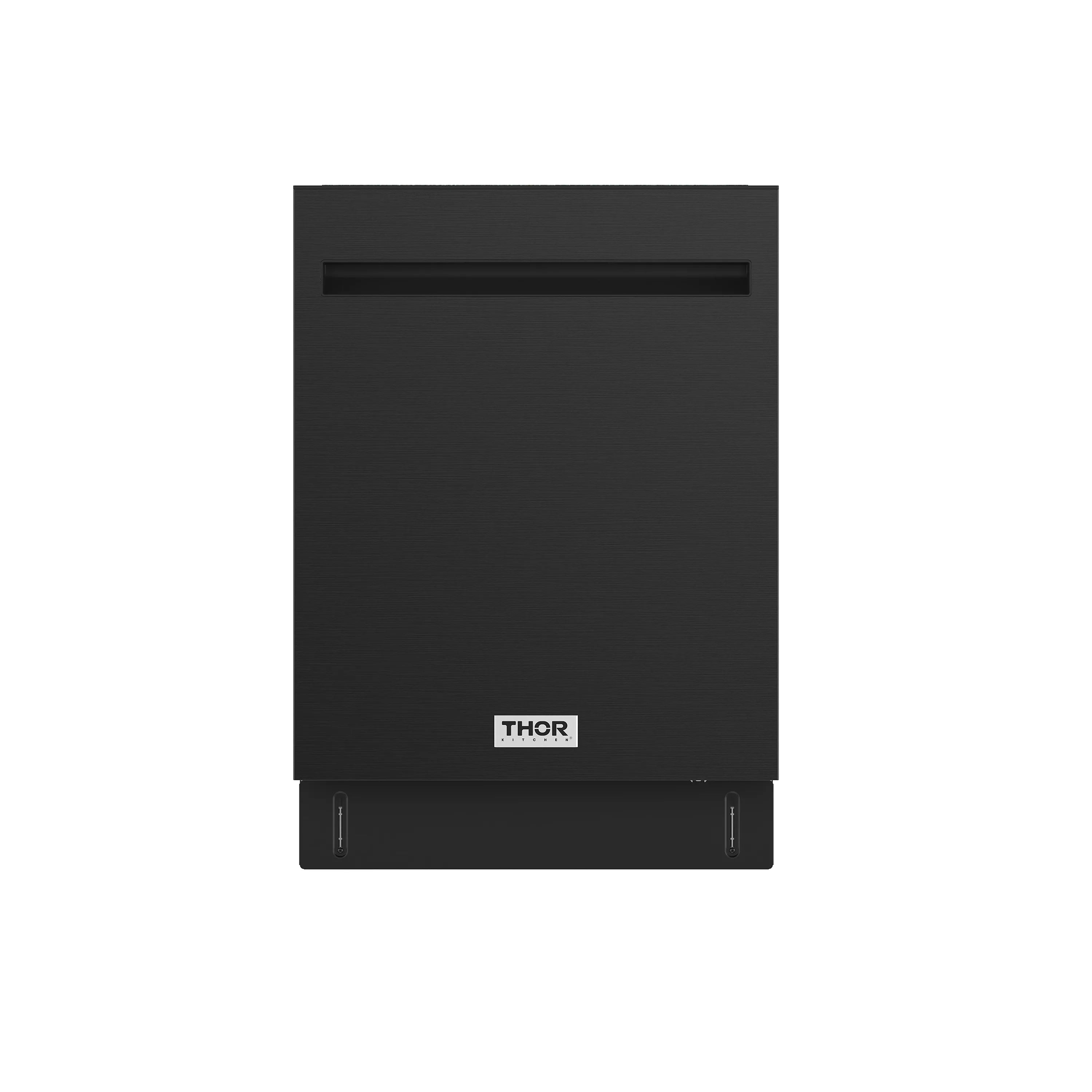 Black built-in dishwasher front panel with pocket handle and THOR logo