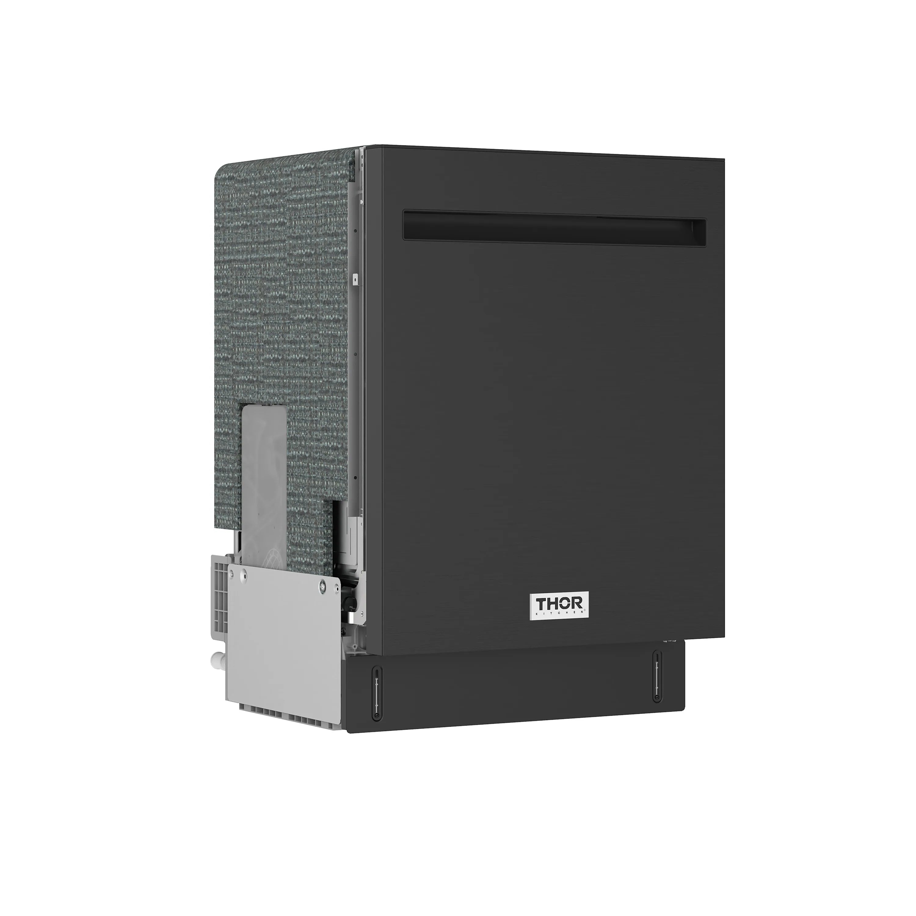 Black built-in dishwasher with open side panel and THOR logo on front