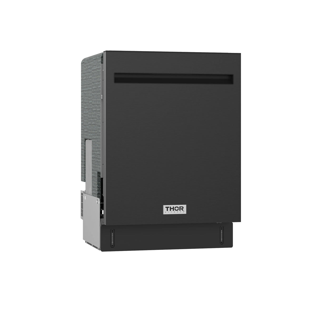 Black built-in dishwasher front with pocket handle and THOR logo