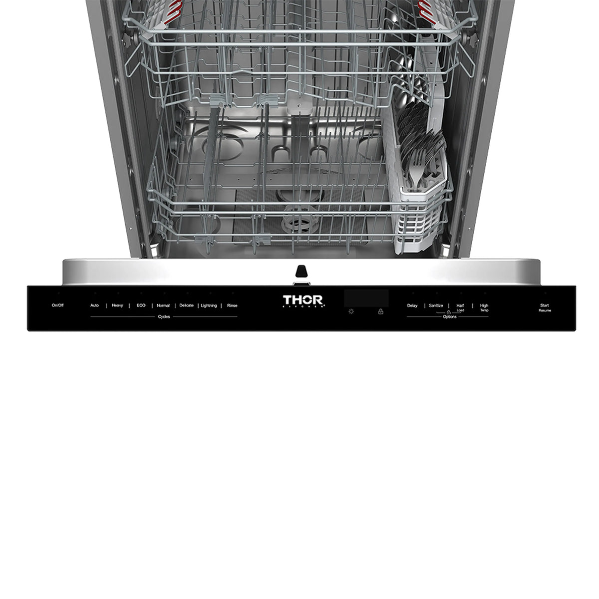 Open built-in dishwasher with upper and lower racks and front control panel