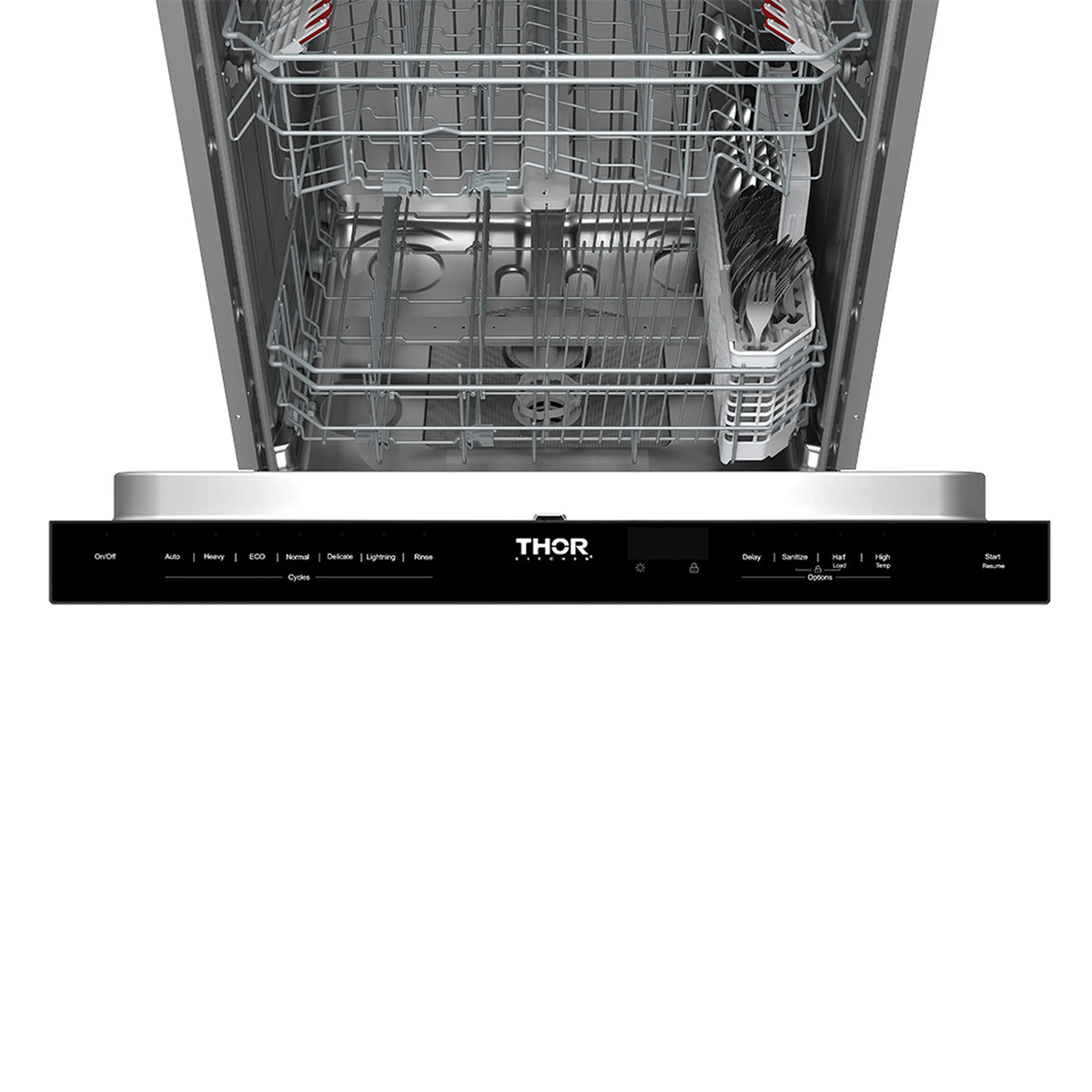 Built-in dishwasher front control panel with open interior racks and baskets.