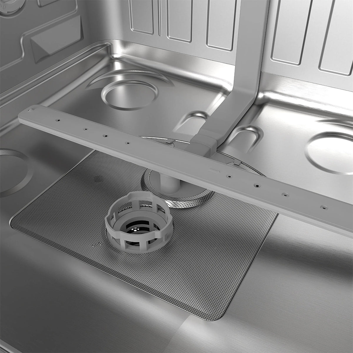 Stainless dishwasher interior close-up of wash area, drain, and removable filter