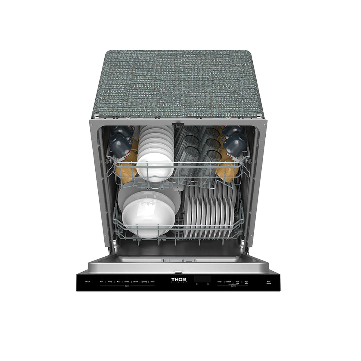 Built-in dishwasher interior with upper rack, plates, and stacked dishware.