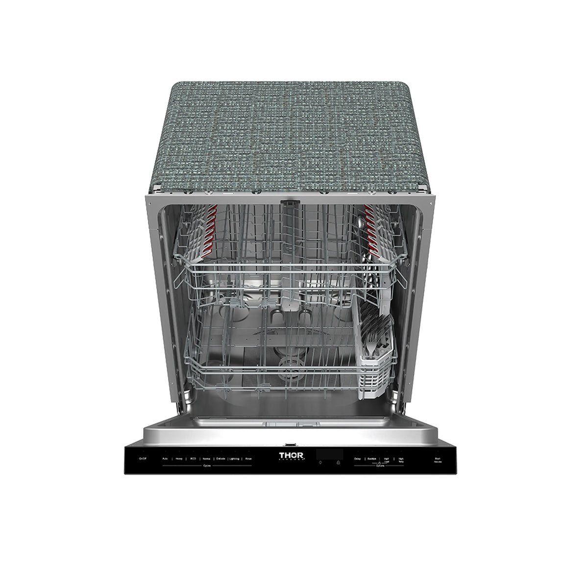 Built-in stainless dishwasher interior with stacked racks and utensil slots.