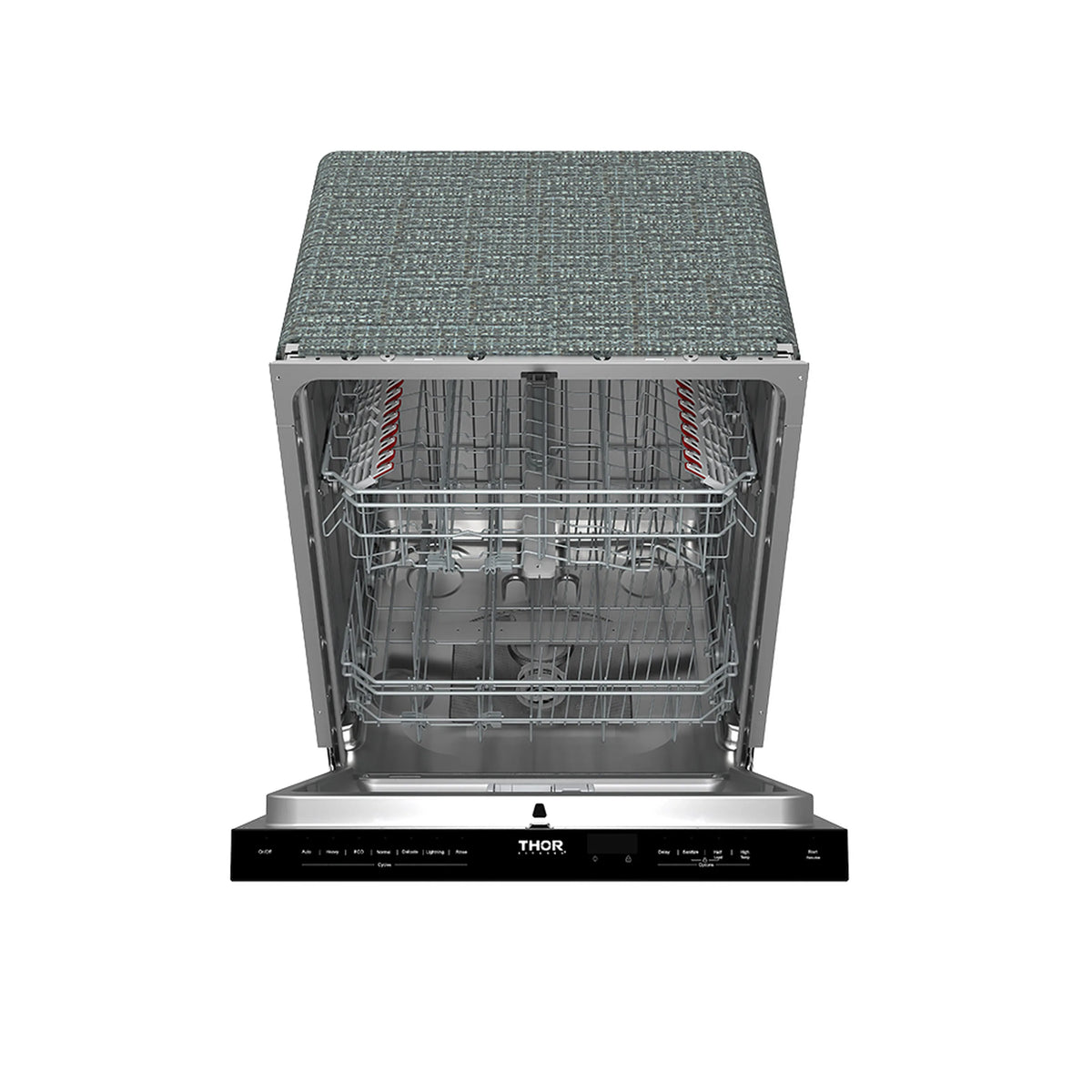 Built-in dishwasher with open door, empty racks and silver wash arms
