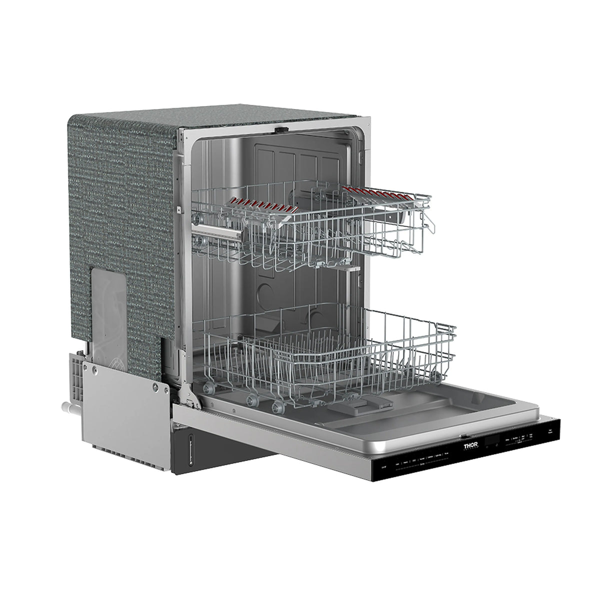 Built-in dishwasher with open door showing upper and lower racks and tines