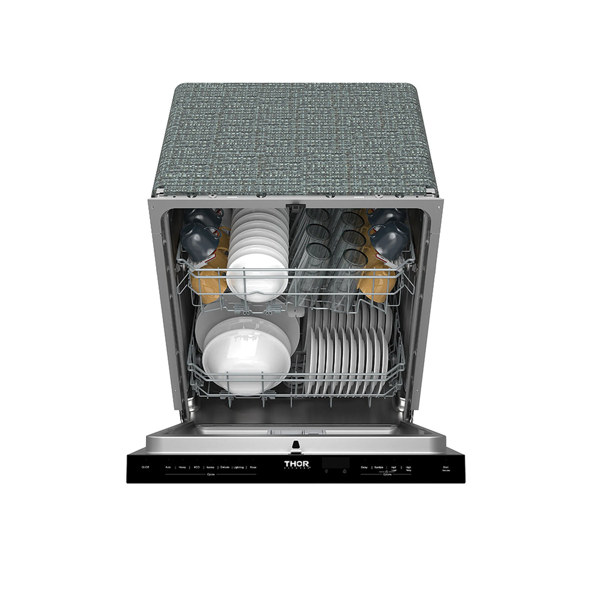 Built-in dishwasher with open door, stacked plates and cups on racks