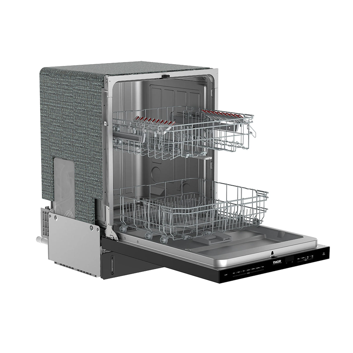 Built-in dishwasher open for loading, silver racks with lower basket
