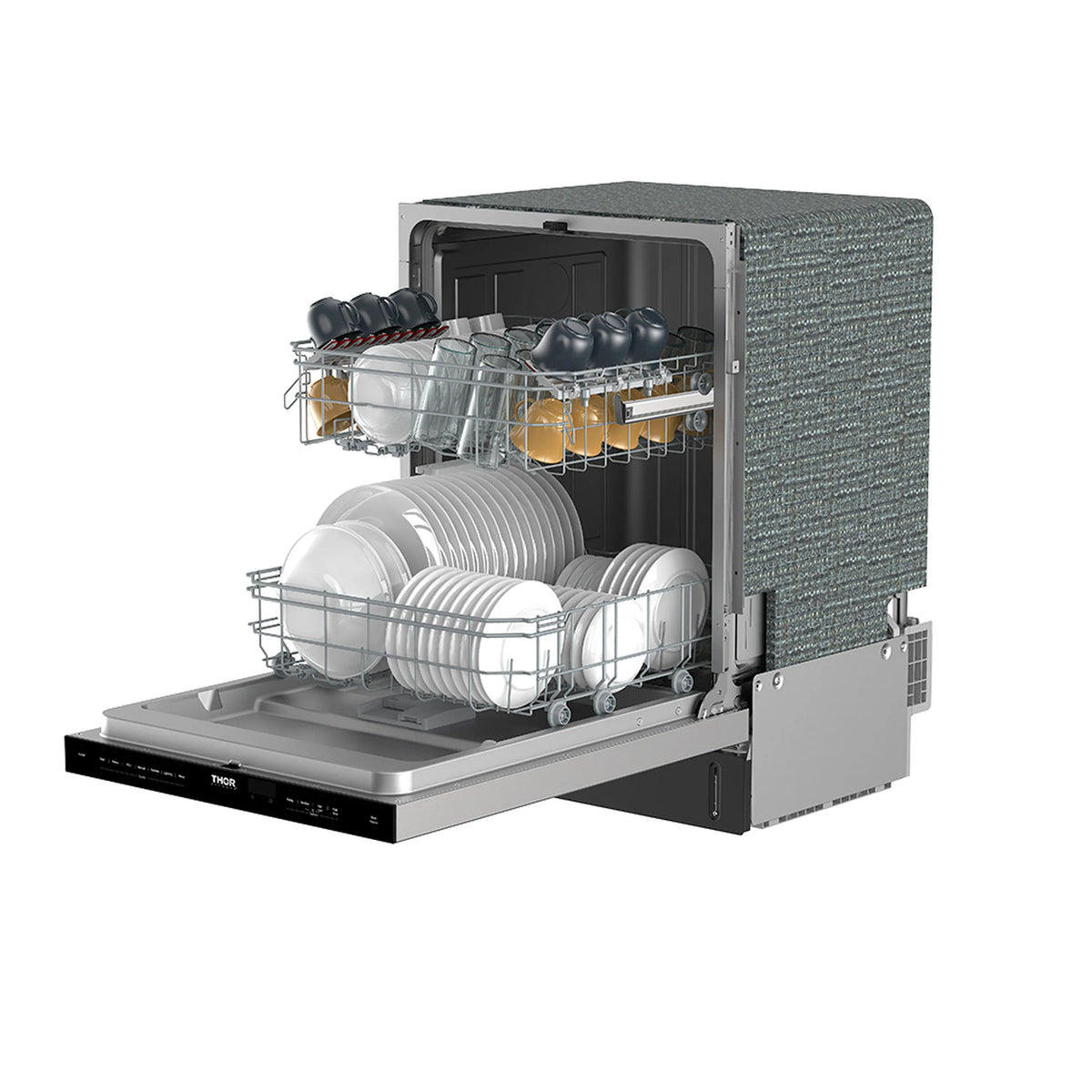 Built-in dishwasher open with stacked plates, cups, and silverware basket.