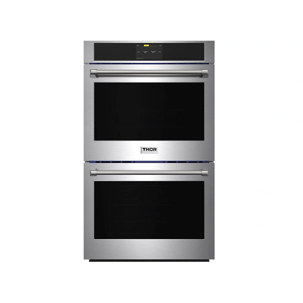 Stainless steel double wall oven with two black doors and a top control display