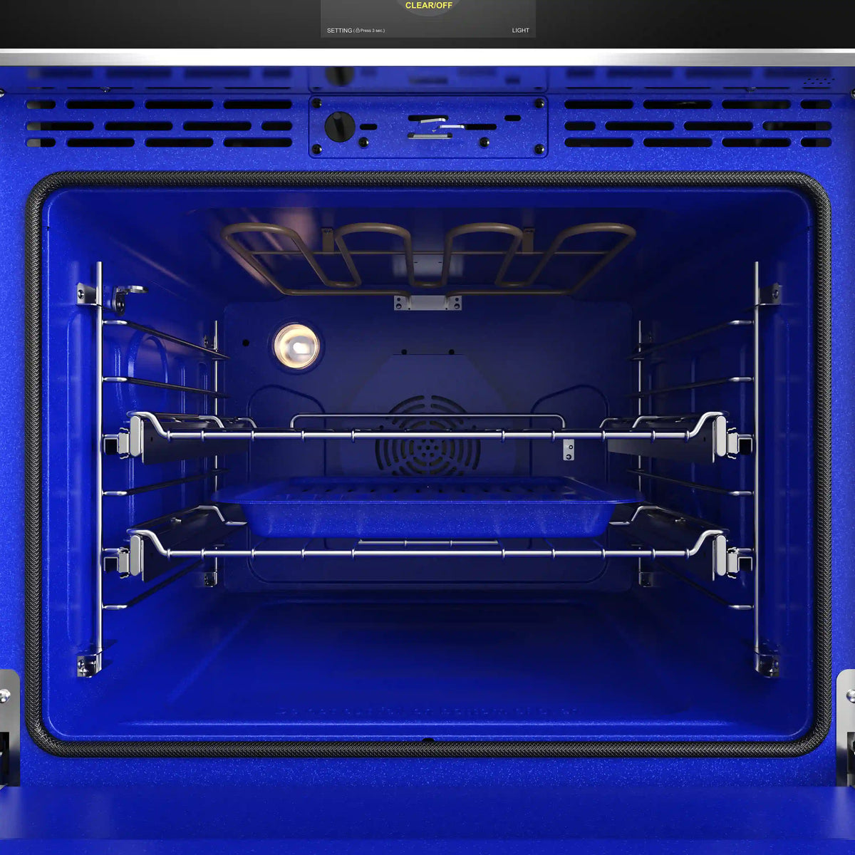 Blue-lit oven cavity with wire racks, fan area, and upper heating elements visible