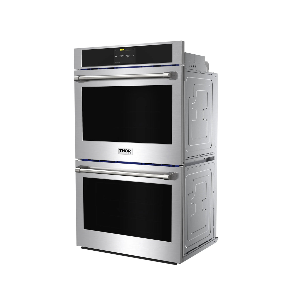 Stainless steel double wall oven with side access doors and two black viewing windows