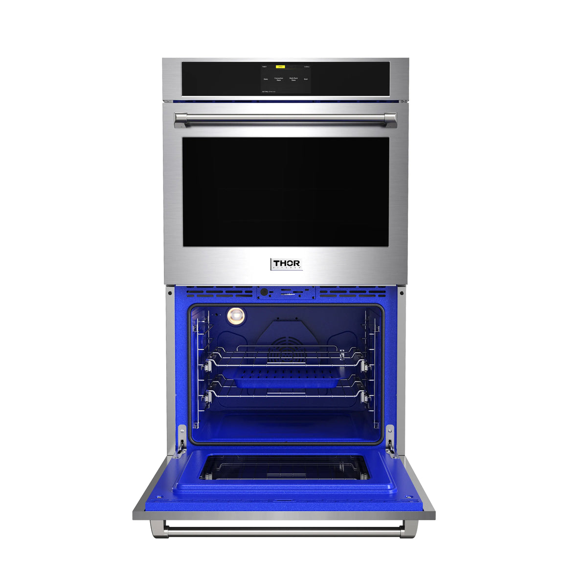 Stainless steel double wall oven with top oven door open, showing interior racks