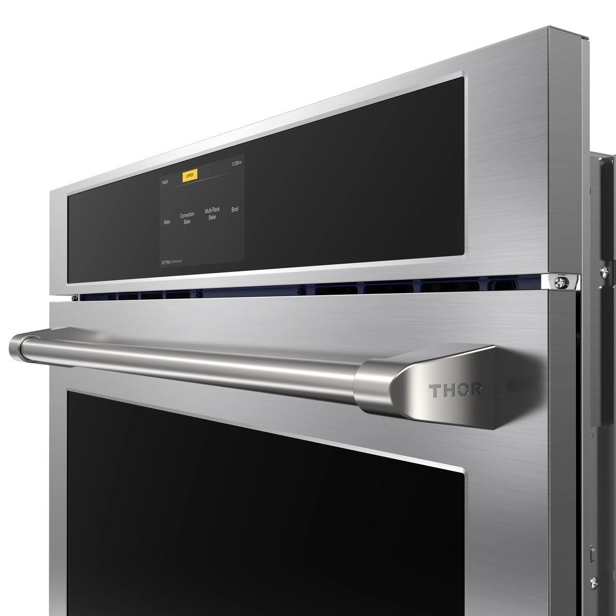 Stainless steel double wall oven with roll-out handle and stacked black viewing windows