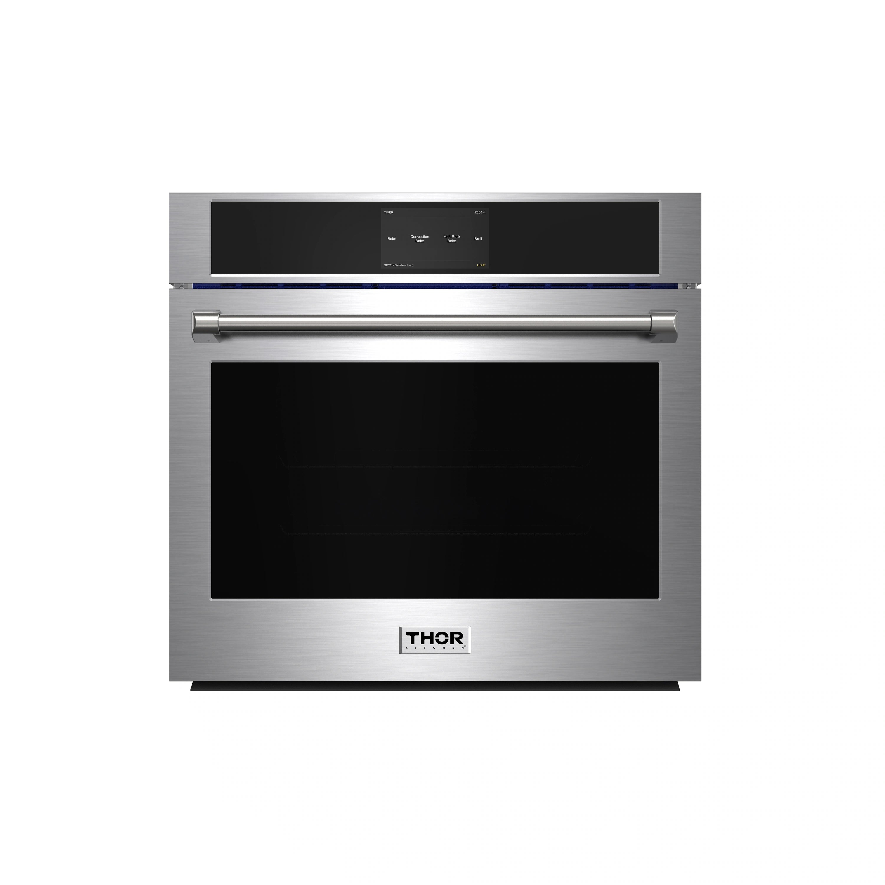 Stainless steel electric wall oven front view with black door window and control panel