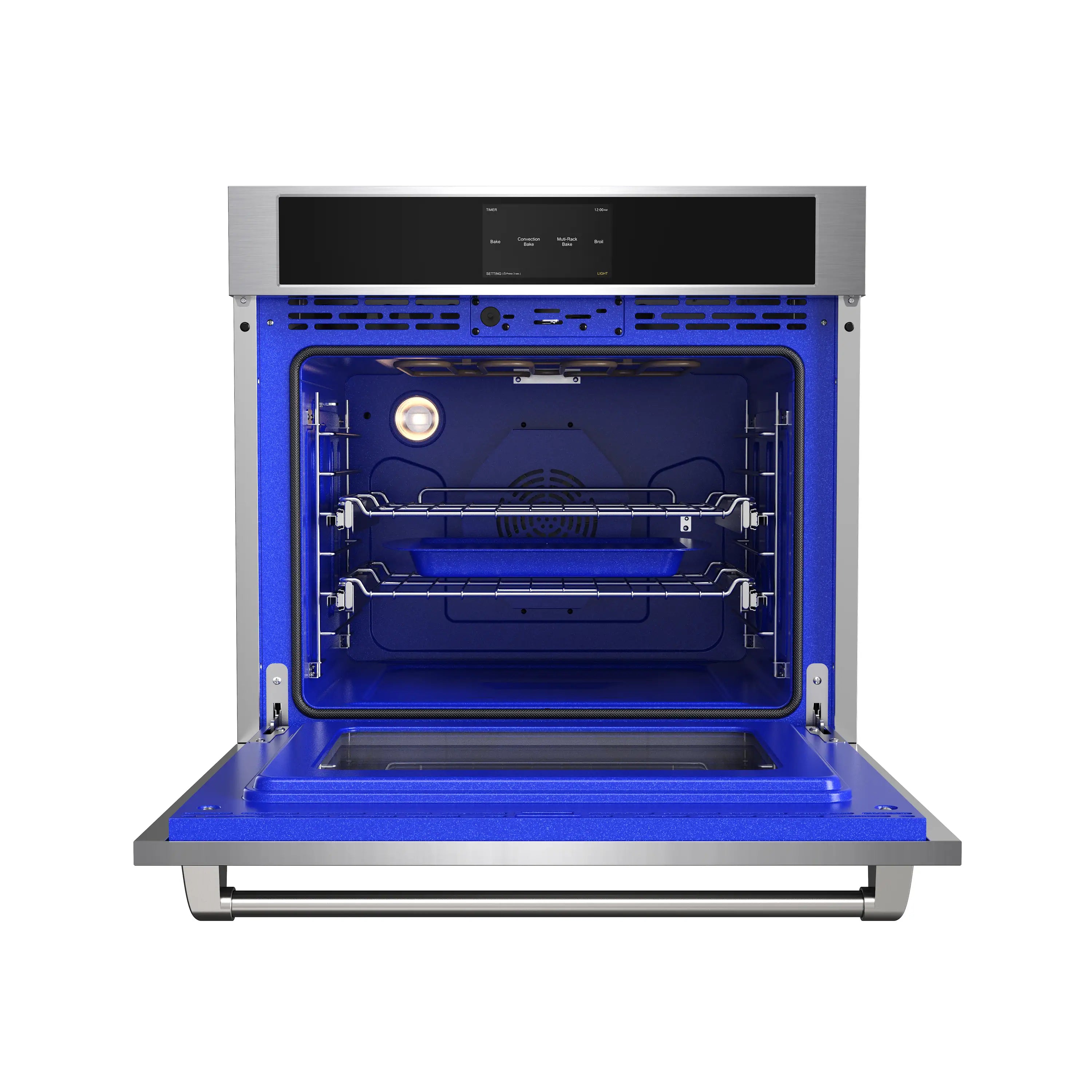 Wall oven door open with blue interior, heating elements, and rack rails