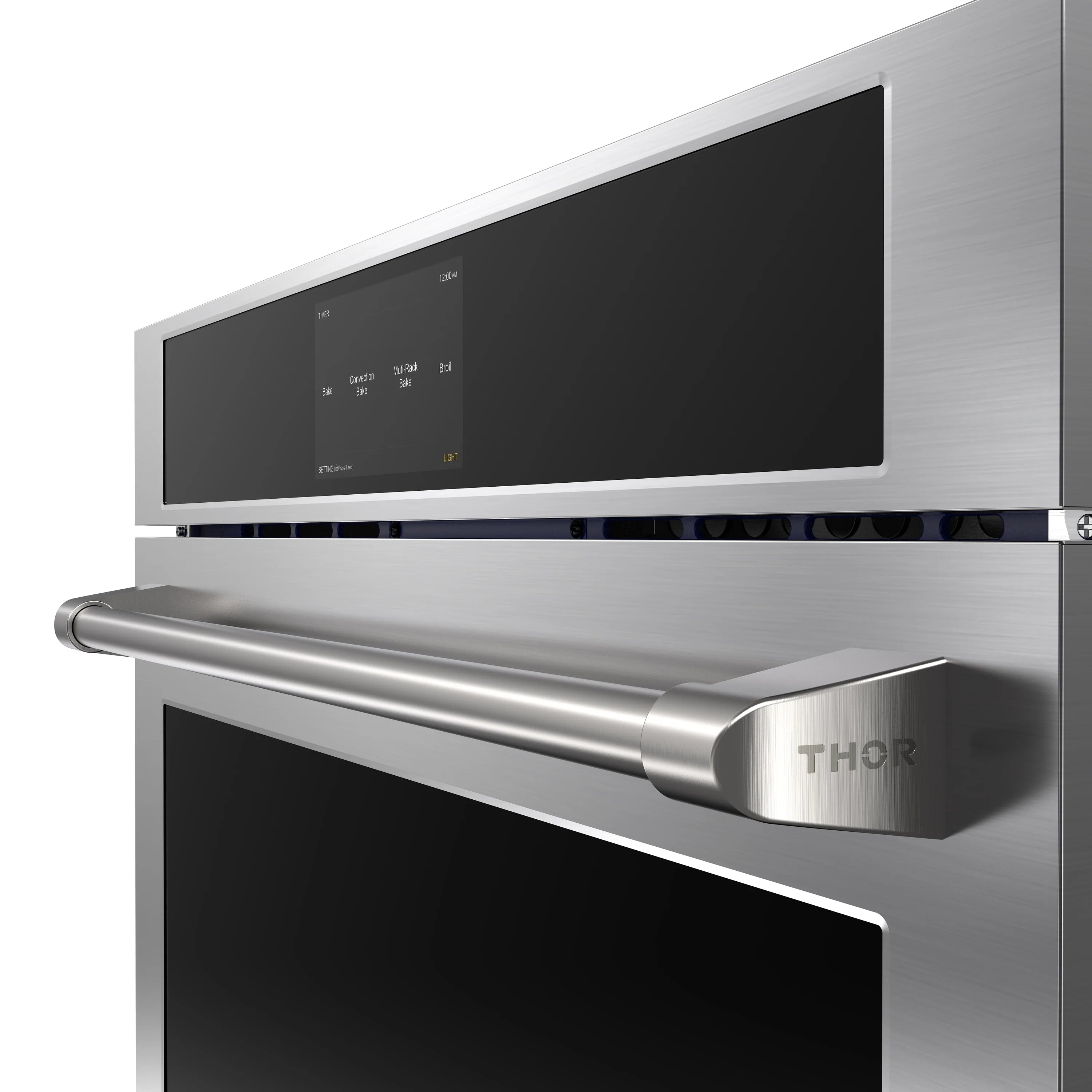 Stainless wall oven exterior with handle and THOR logo on the door