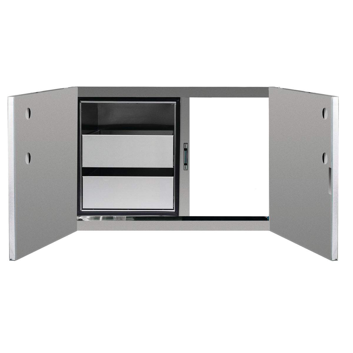 Stainless outdoor dry storage pantry with two-panel access door and open interior