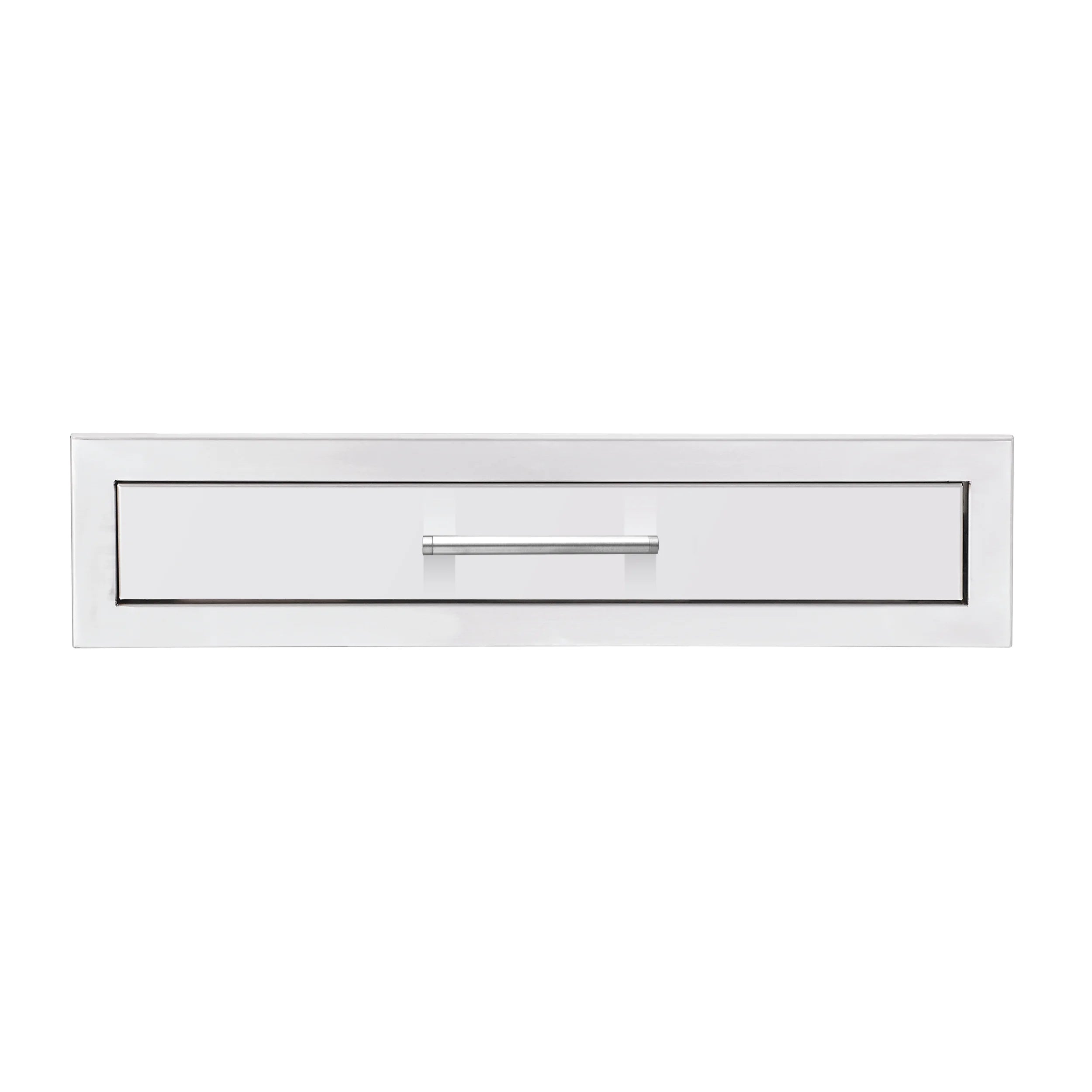 26-inch utensil drawer with white front and centered silver pull handle