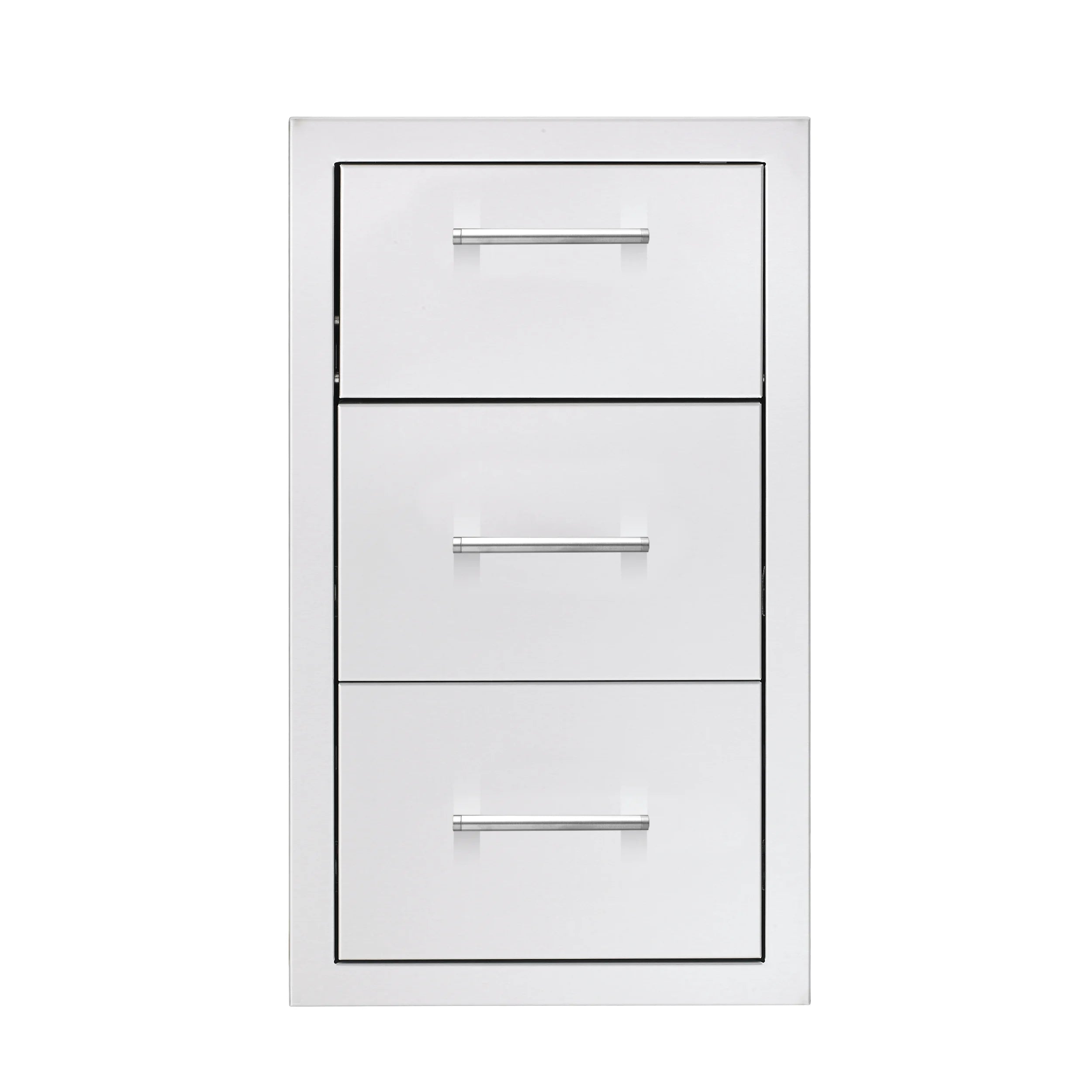 Vertical white cabinet with three drawers and metal bar handles