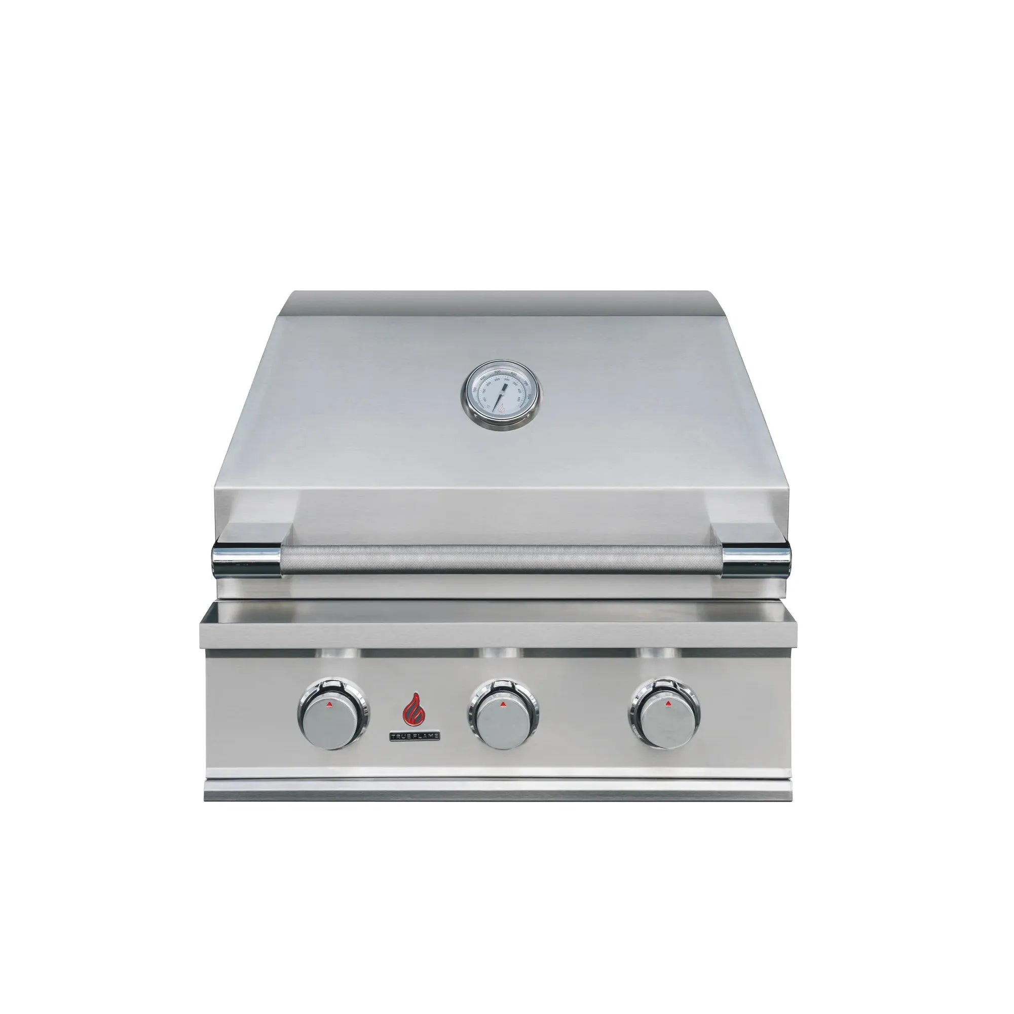 Stainless steel 3-burner gas grill with closed lid and three control knobs