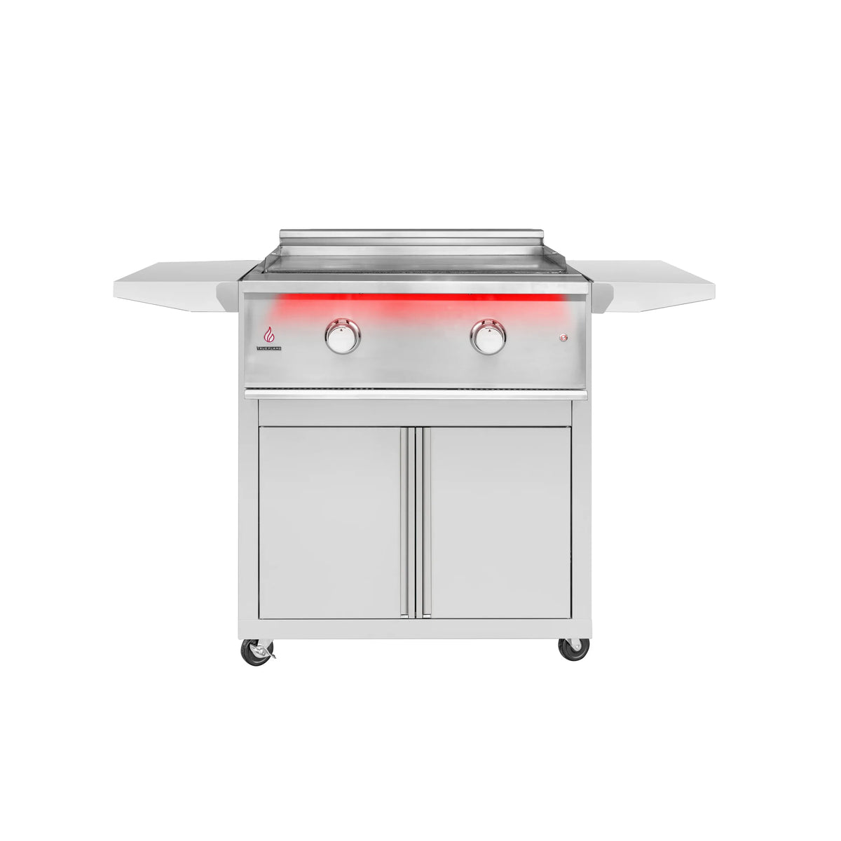 Outdoor gas grill cart with fold-down side shelves, stainless steel, red-lit burners.