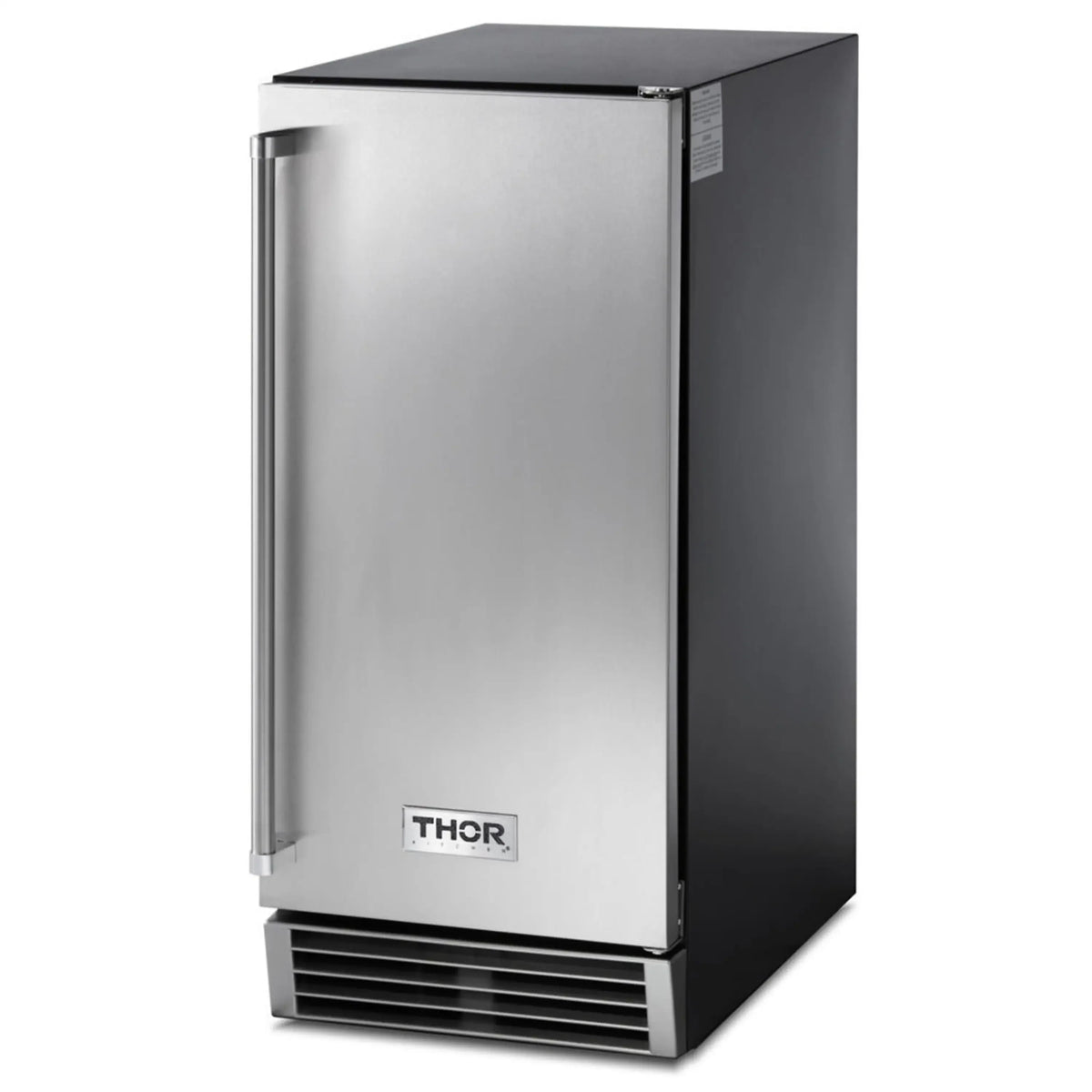 Stainless steel built-in ice maker with front ventilation grille and vertical side handle