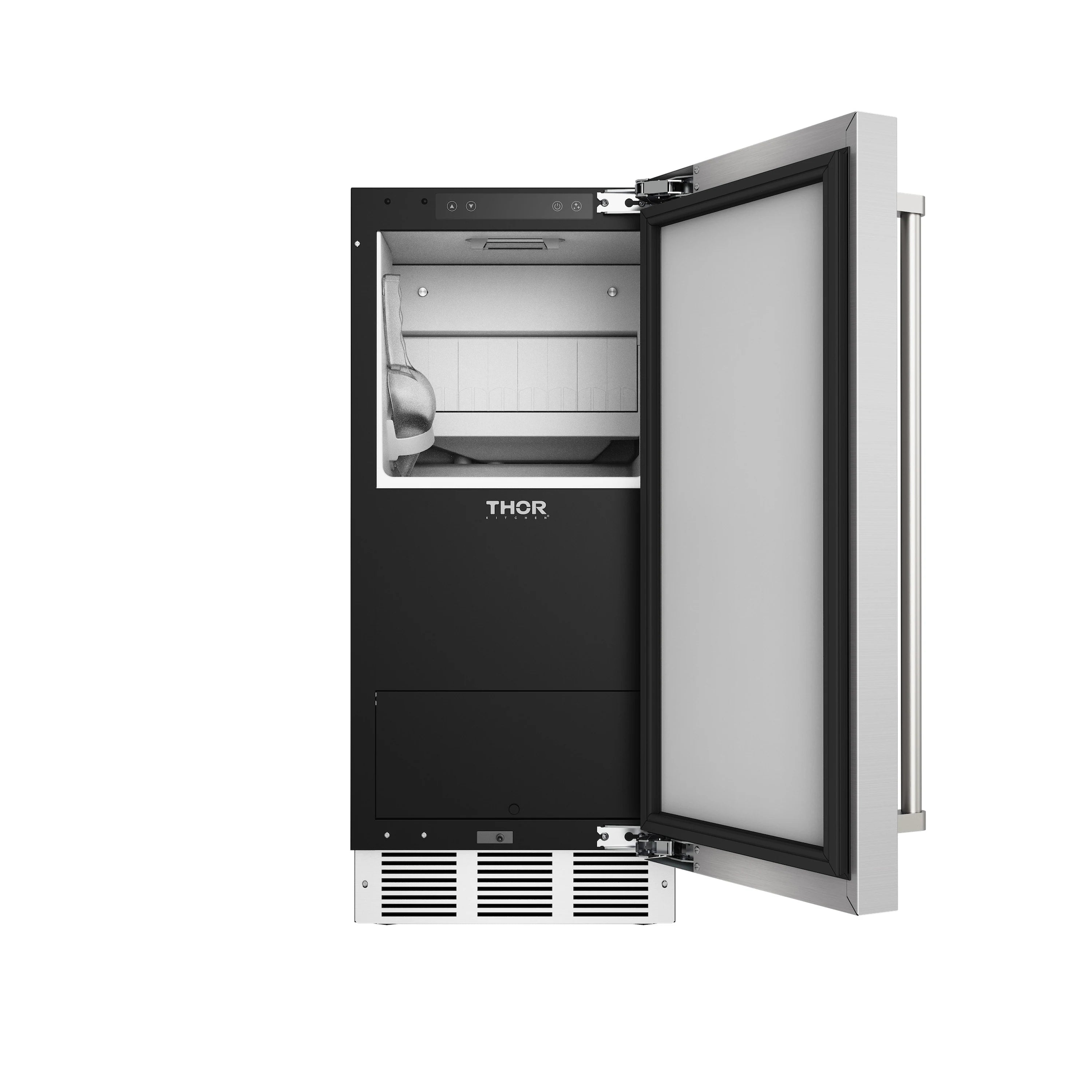 Open ice maker door revealing ice bin and interior components