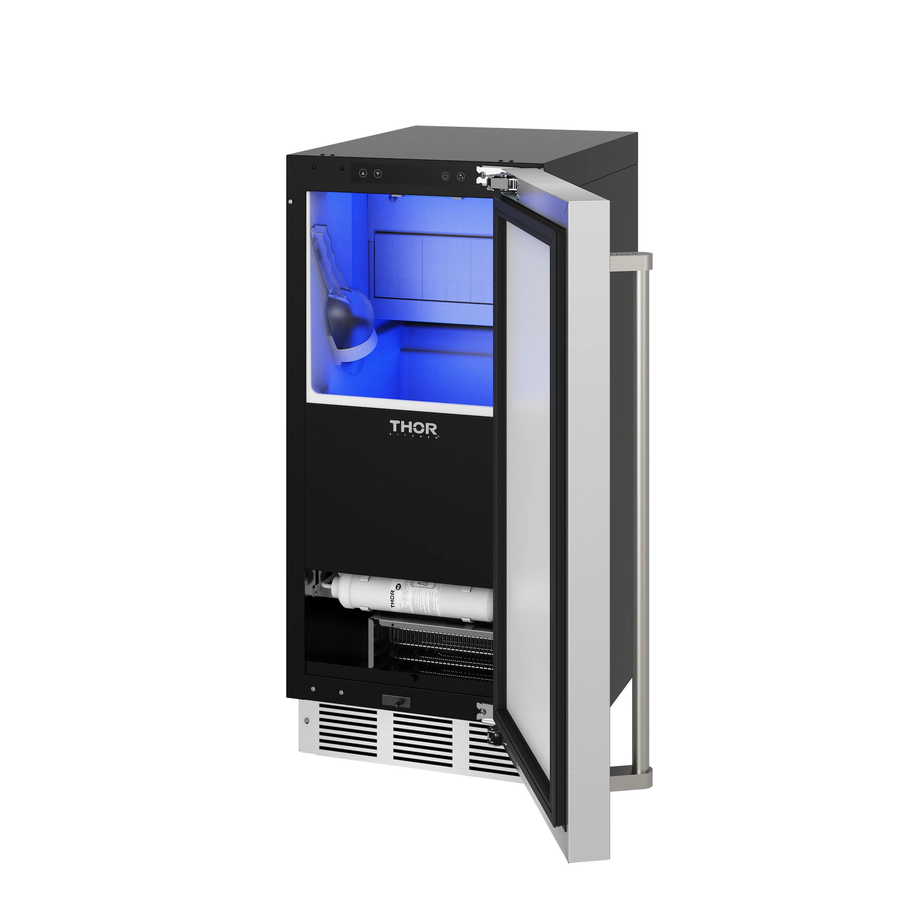 Ice maker with open door showing blue-lit interior ice bin