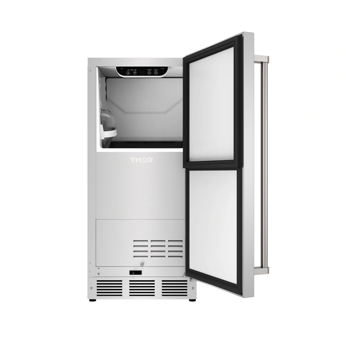 Stainless steel ice maker with front door open and control panel on top