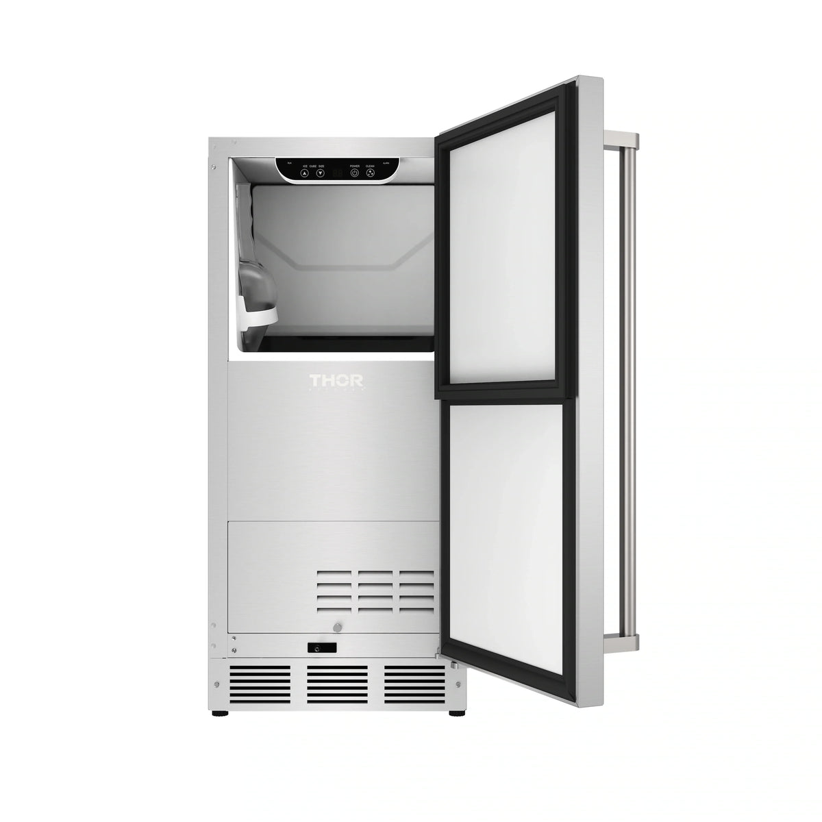 Stainless steel refrigerator with both doors open showing interior compartments