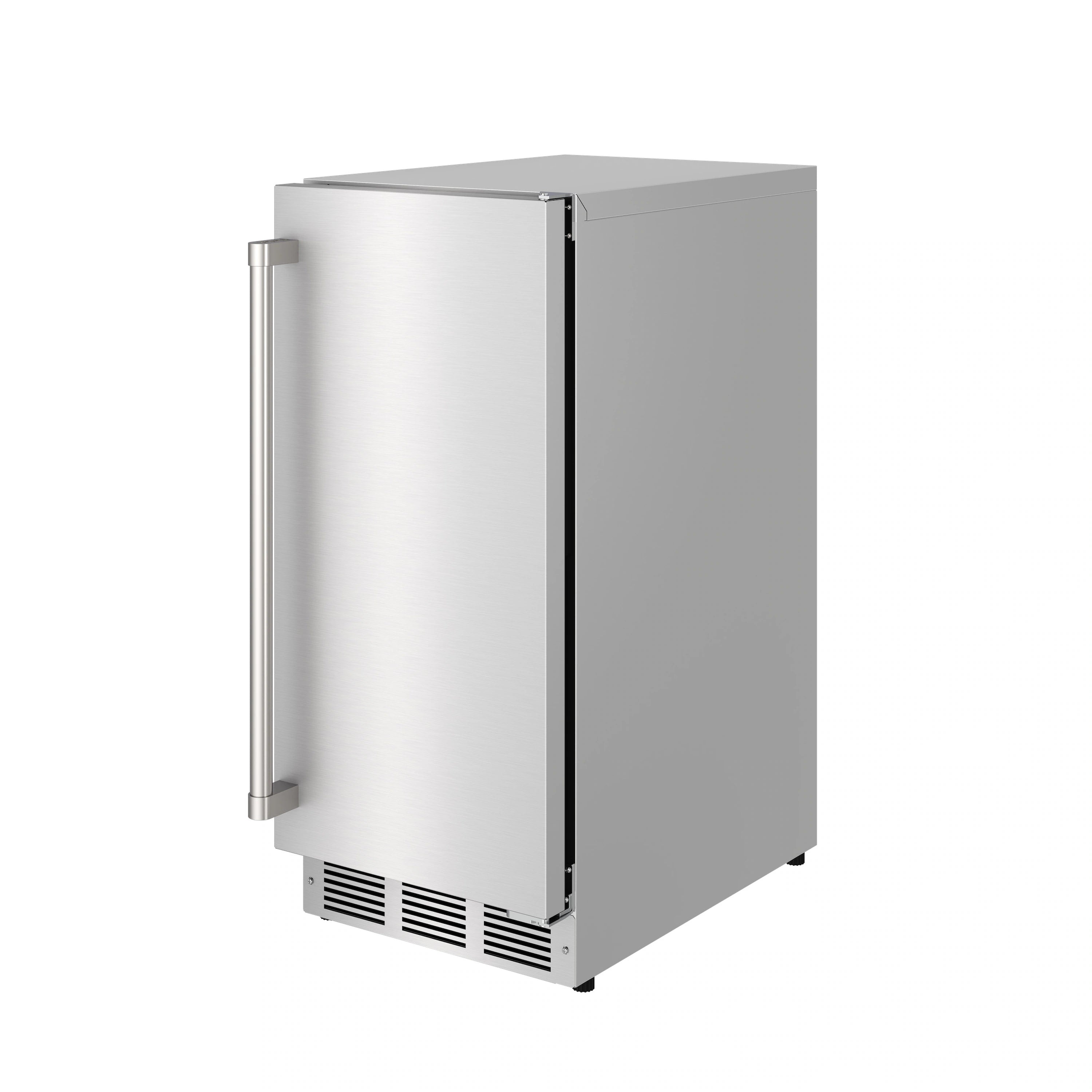 Stainless steel ice maker side view with handle bars and front ventilation