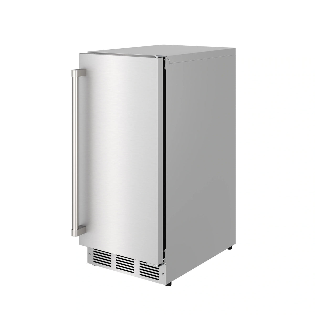 Stainless steel ice maker side view with tall recessed handle and vents
